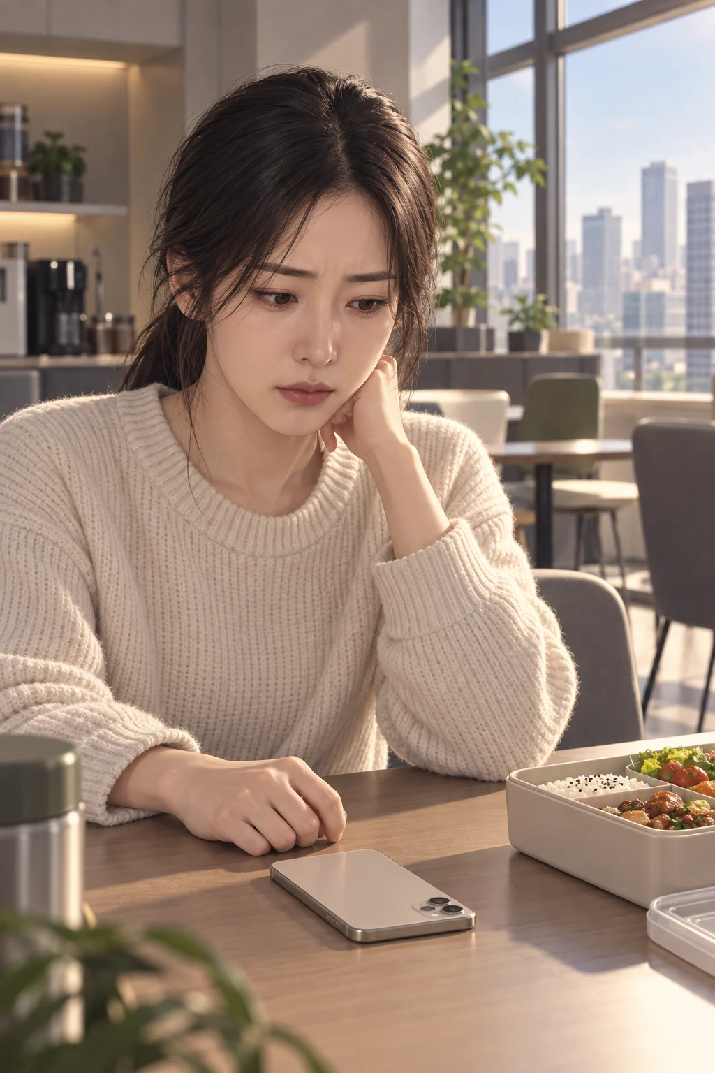 낮에도 같은 자리 — 나연은 점심을 앞에 두고 답장 칸에 ‘이번에는 가 볼게’를 적었다가, 이번에는 지우지 않고 화면을 꺼요.