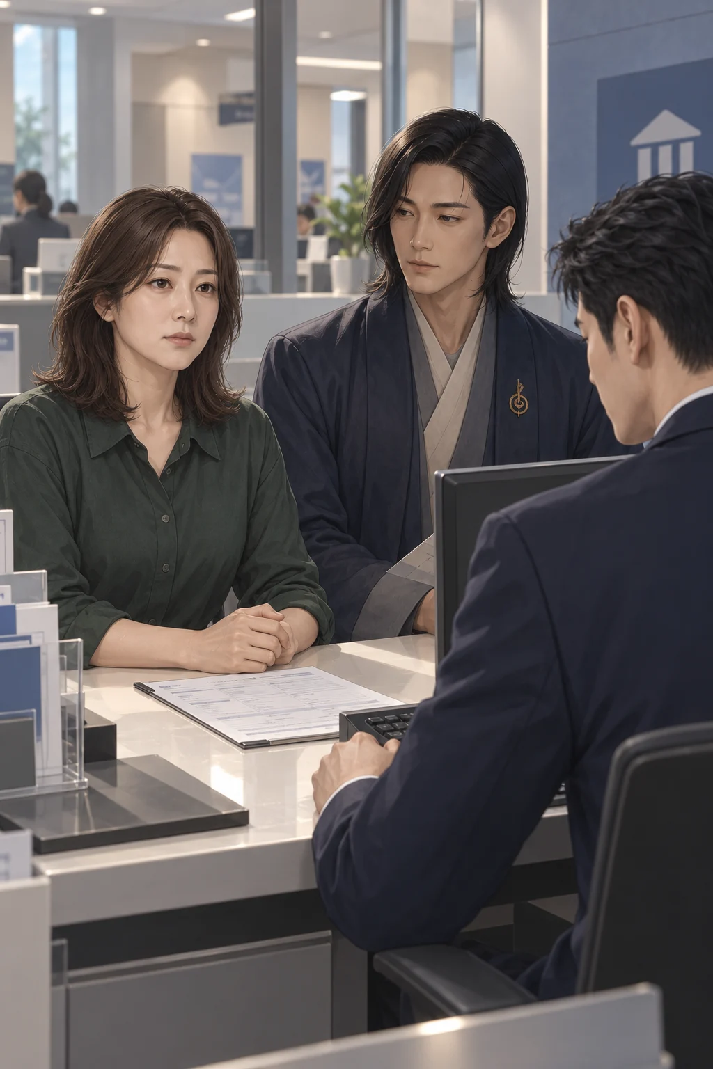 먼저 나온 답 — 은행 직원이 운영 자금 통장 신청서를 펼쳐 앞으로의 사업 계획을 묻자, 수아가 가격을 올리겠다고 답해요.
