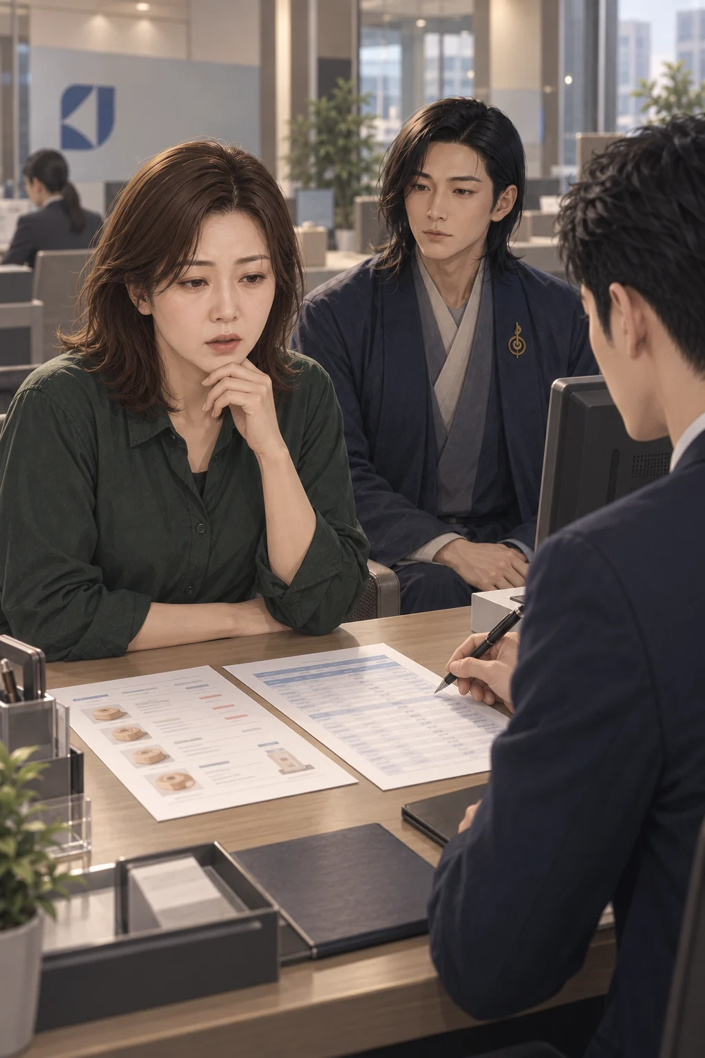 적히지 않은 첫 줄 — 수아가 가격 인상과 비용 절감을 둘 다 해야 할 것 같다고 말하자, 은행 직원이 사업 계획란에 무엇부터 적을지 물어요. 수아는 두 종이 위에 시선을 둔 채 답하지 못해요.