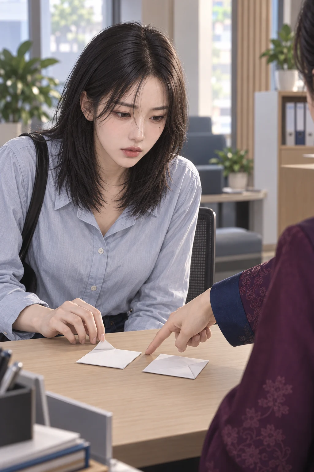 03 — 민서는 은행 번호표와 주민센터 번호표를 테이블 위에 나란히 놓고, 상담가는 두 표 사이를 손끝으로 가리켜요.