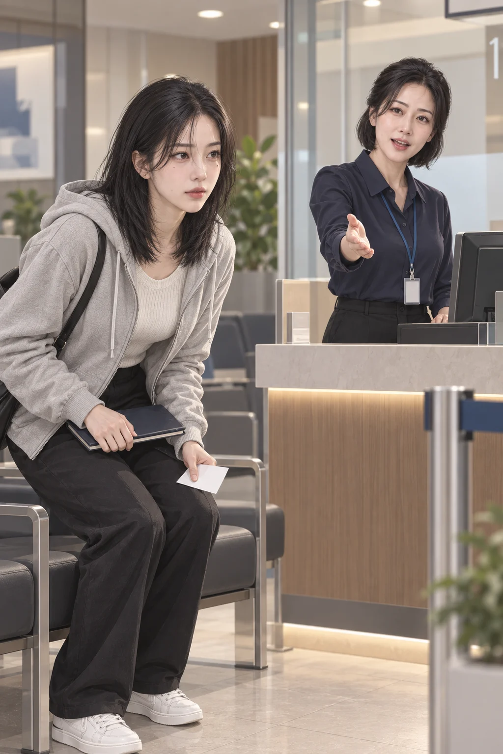 01 — 민서는 무릎 위 문제집의 접힌 모서리를 손가락으로 누르다가 번호표를 들고 일어난다.