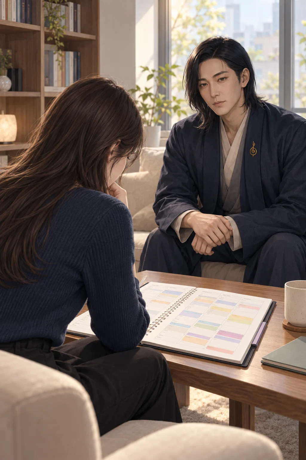 빈칸의 하루 — 지수는 일정표에 연달아 적힌 약속 칸을 바라보고 있어요.