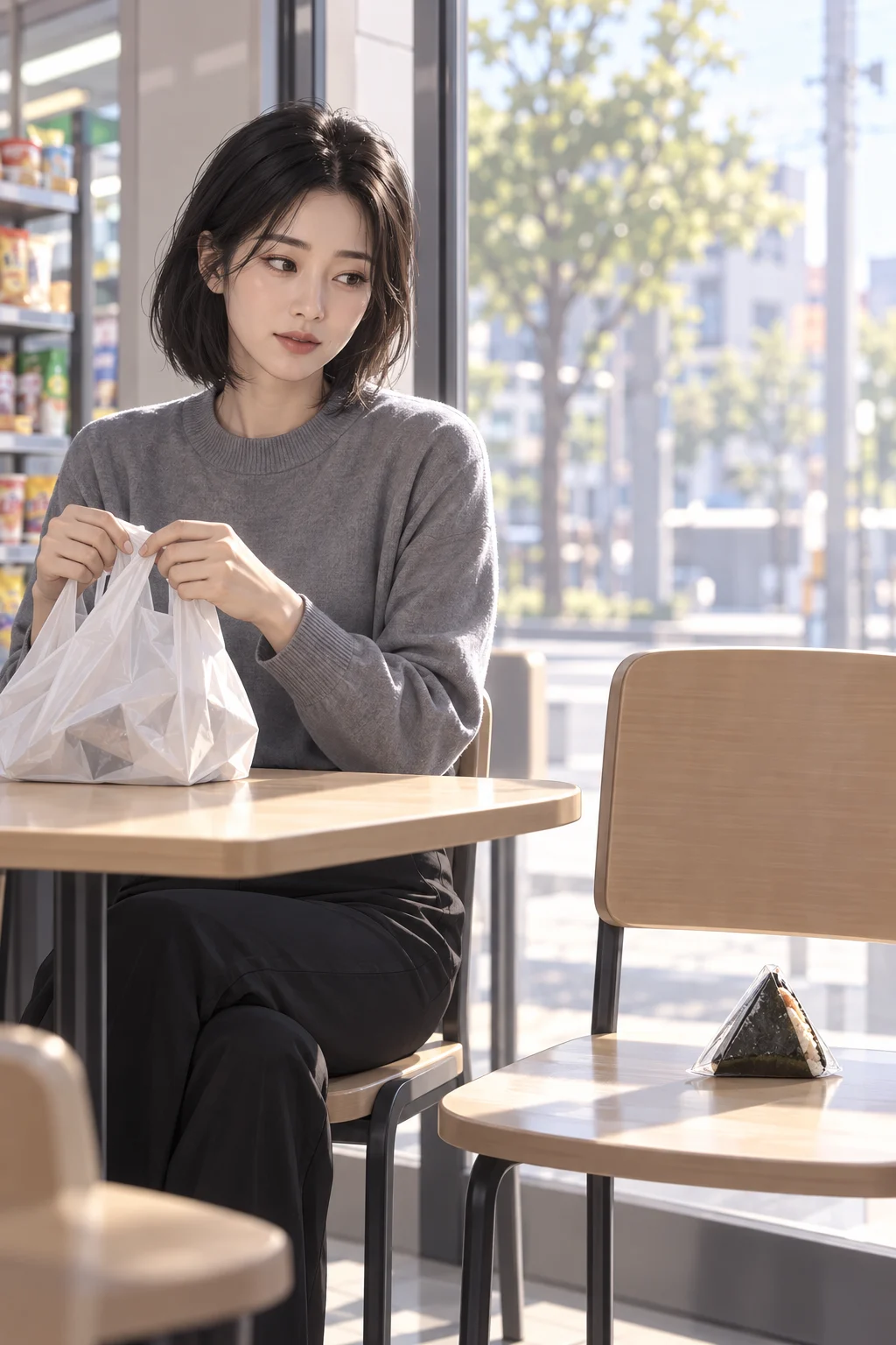 또 비운 점심 — 유진이 삼각김밥 두 개를 계산한 뒤 하나를 옆자리에 내려놓고, 빈 창가 자리에 혼자 앉아 봉지를 접는다.