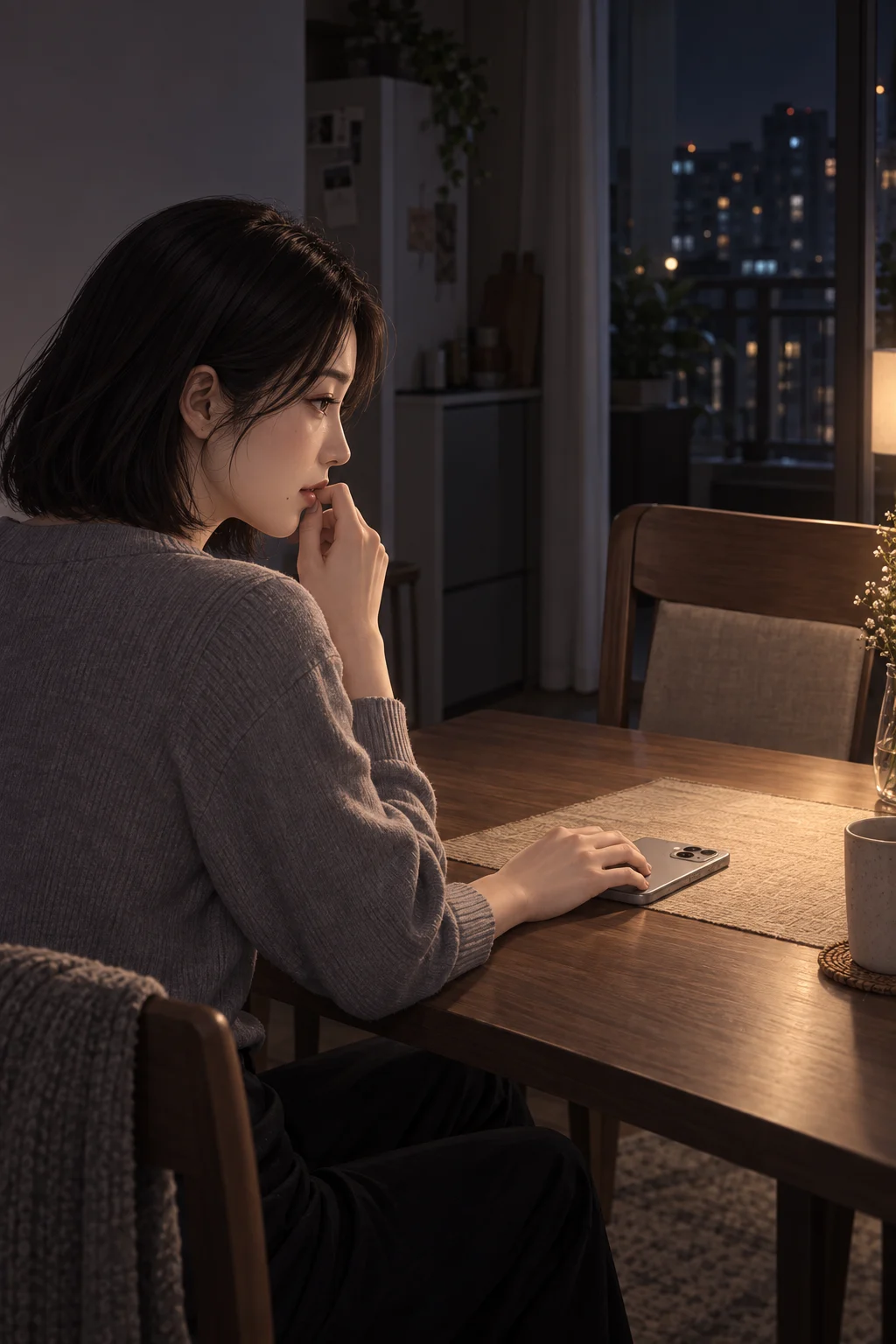 말끝이 접힌 밤 — 유진이 휴대전화에 쓰다 지운 문장을 뒤집어 놓고, 빈 의자를 바라보다가 조심스럽게 입을 연다.
