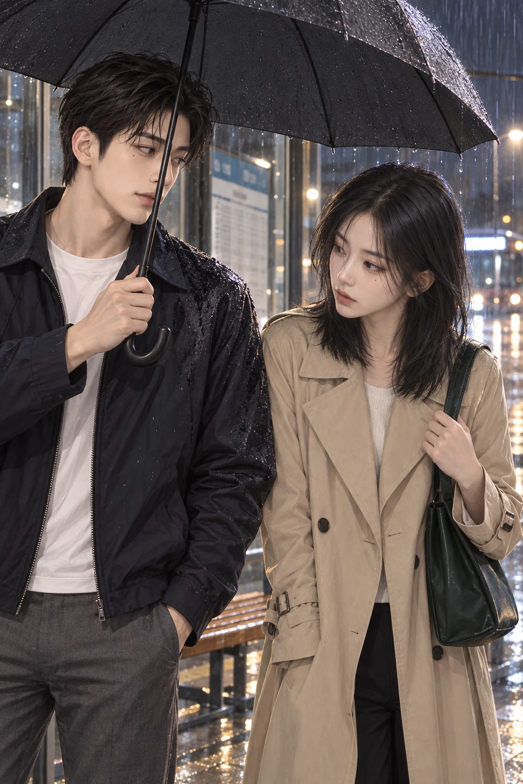 우산이 기울었어요 — 민호가 우산을 지수 쪽으로 기울이고, 지수는 젖은 민호의 어깨를 바라봐요.