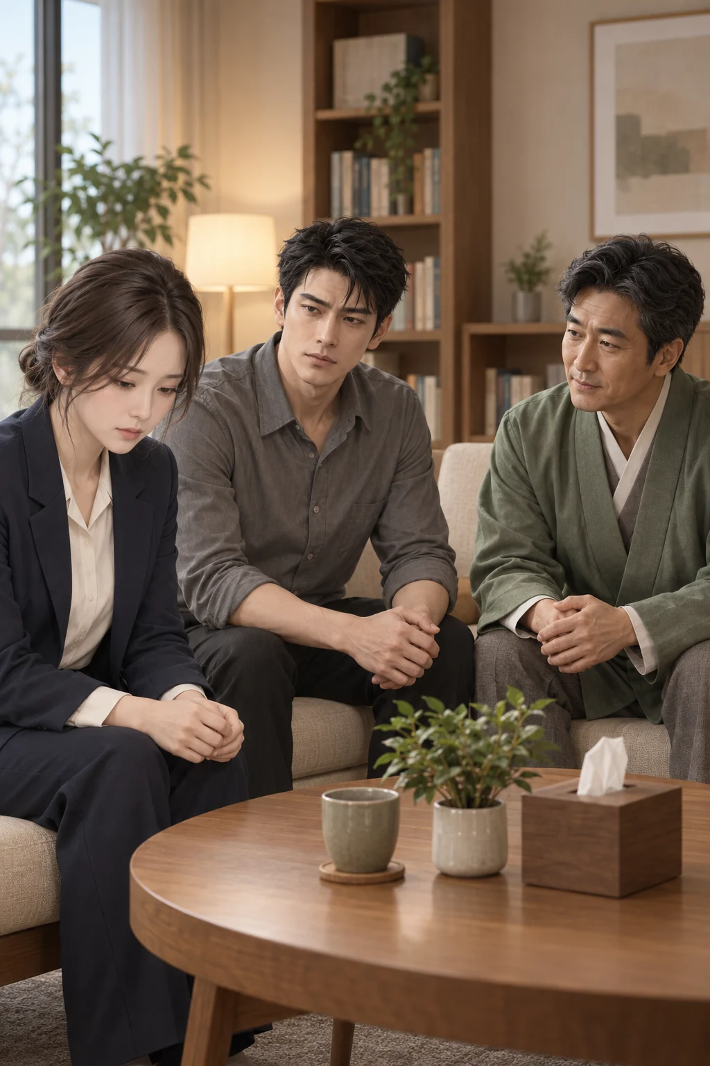 문장 끝의 침묵 — 윤아가 민수를 바라보다가 시선을 탁자 쪽으로 내린다.