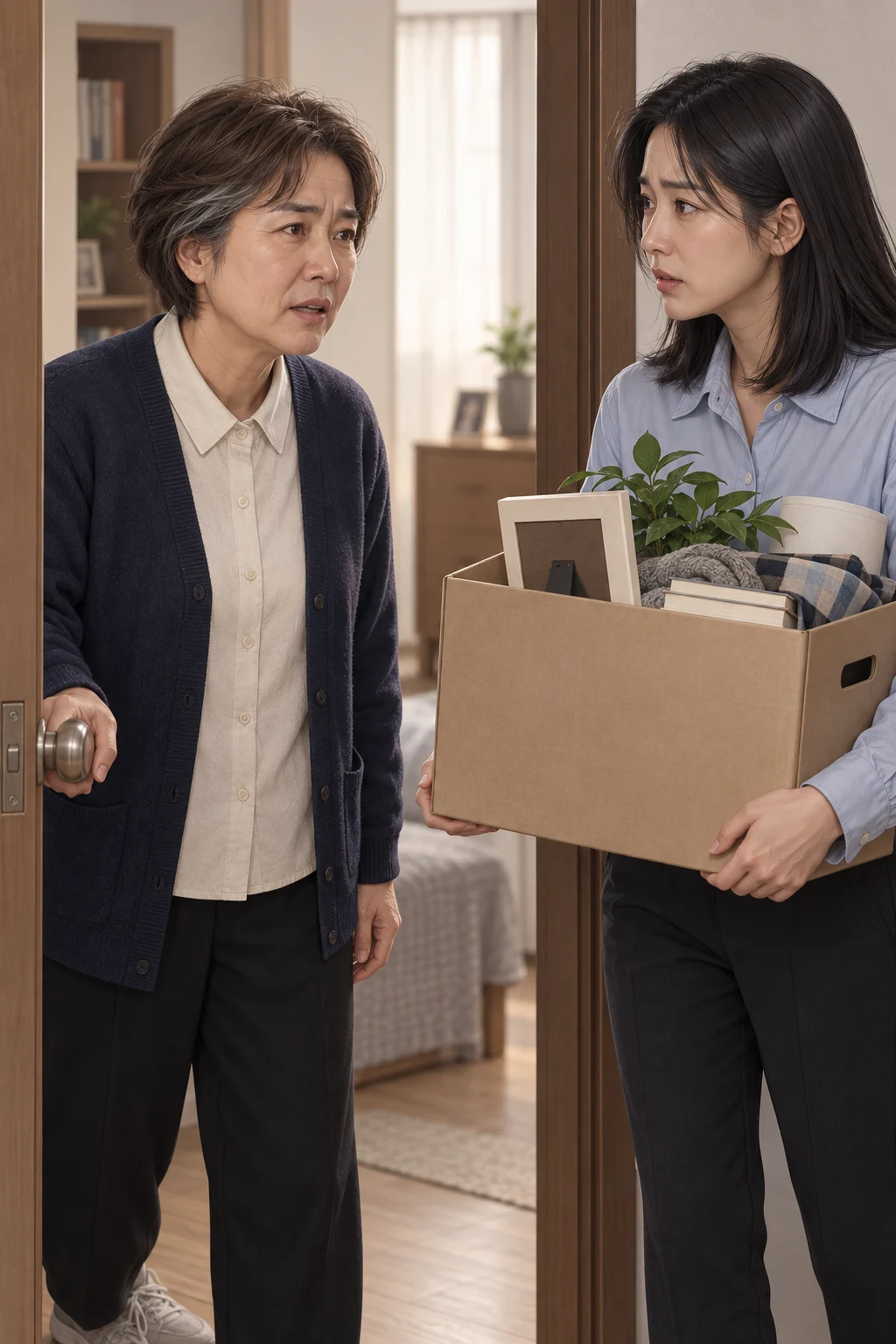 04 · 문턱에서 나온 말 — 서윤이 새 상자를 문 안으로 들이려는 순간, 정희가 상자를 받지 않고 문고리를 붙잡는다. 정희의 입에서 오래 미뤄 둔 말이 먼저 나온다.