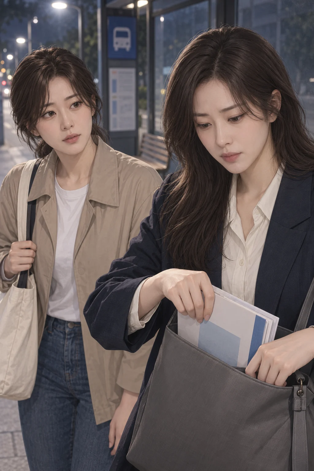 자료를 챙기며 — 민서가 유진이 건넨 수업 자료를 가방 입구에 끼운다.