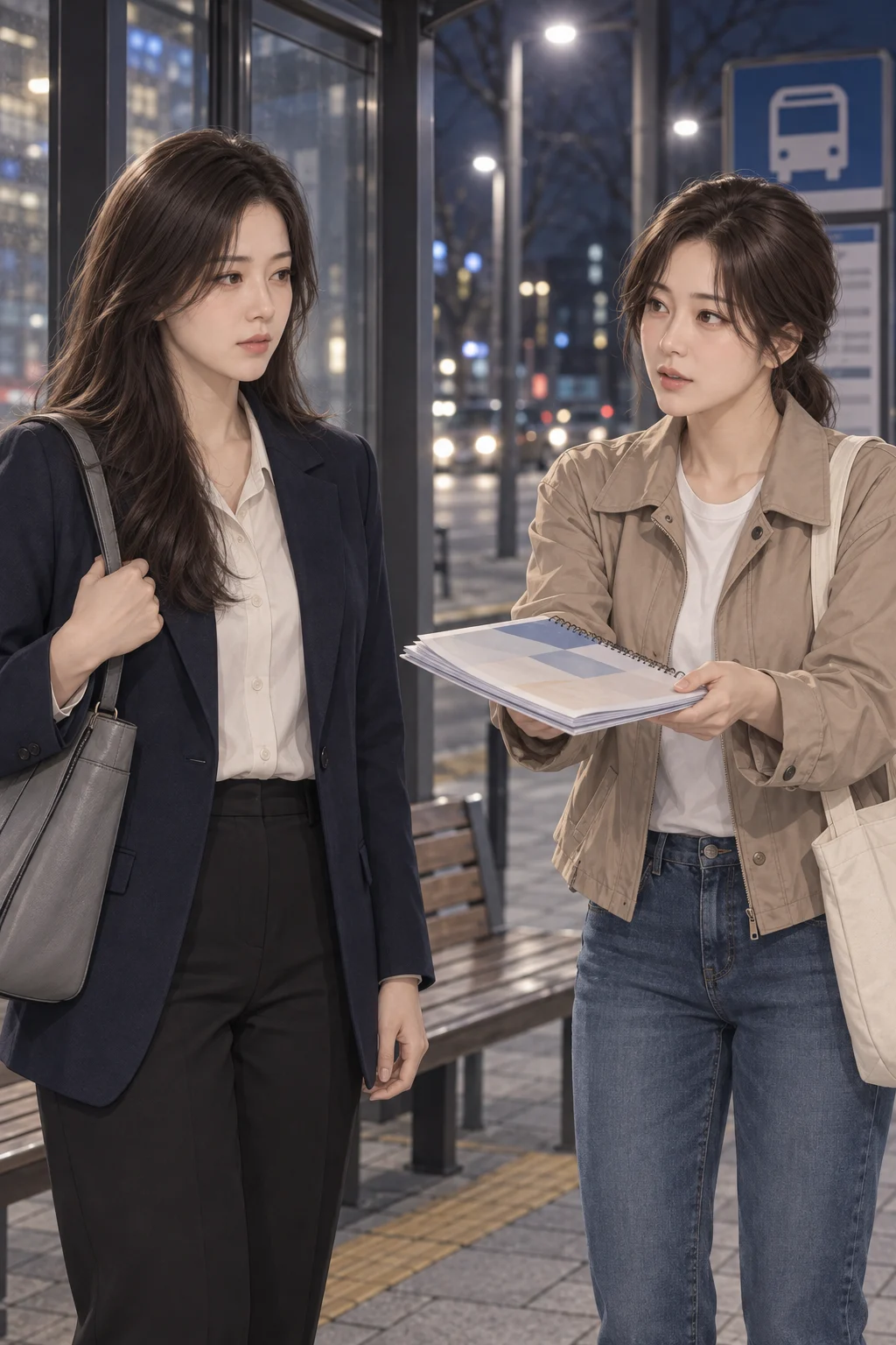 계속 듣겠다는 말 — 유진이 수업 자료를 민서 쪽으로 내밀며 계속 듣겠다고 말한다.