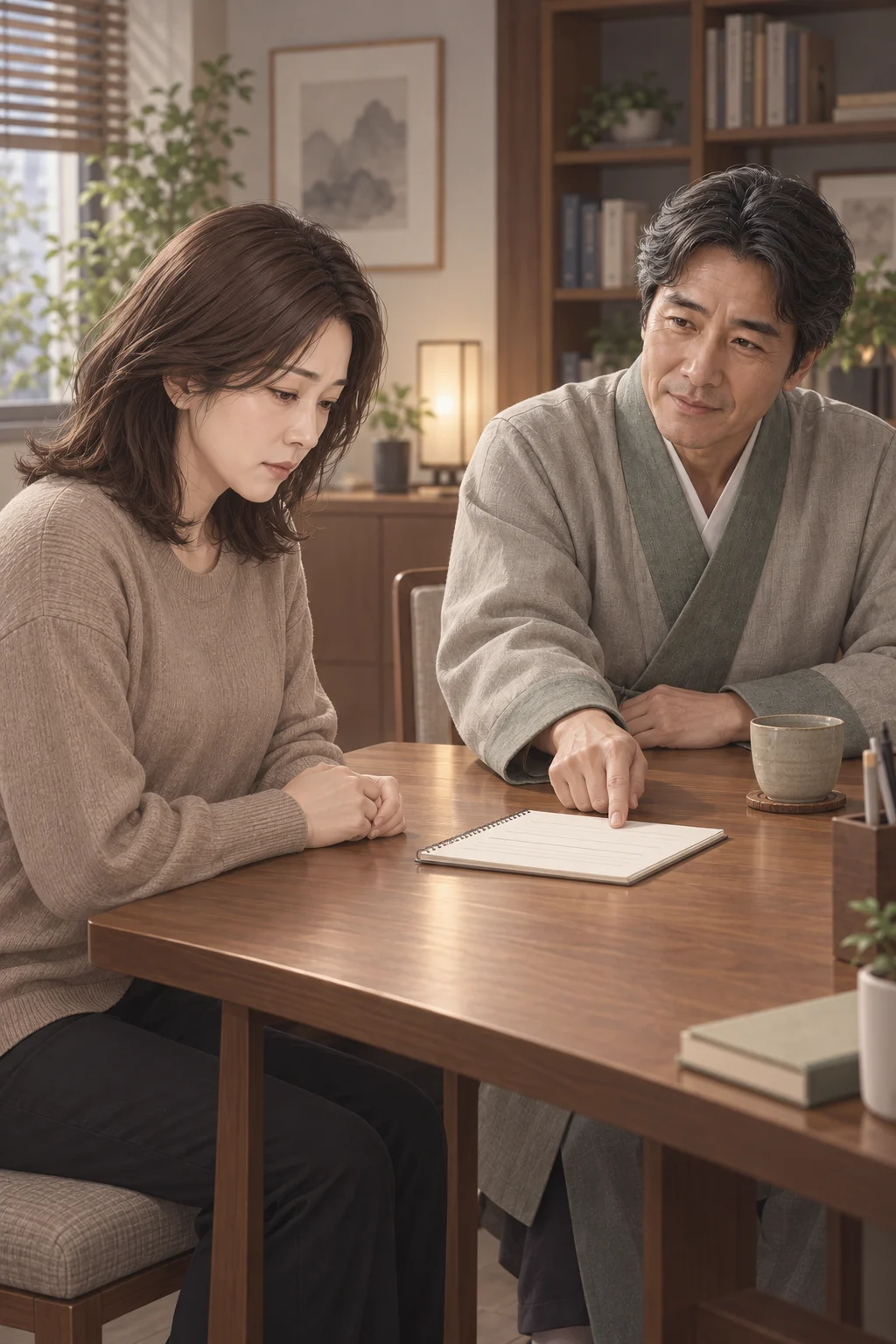 빈 줄을 가리킨 손 — 민아가 상담실 식탁 위에 메모지를 내놓아요. 온유 선생은 메모지의 빈 줄을 가리키고, 민아는 대답하지 않은 채 그 빈 줄을 바라봐요.