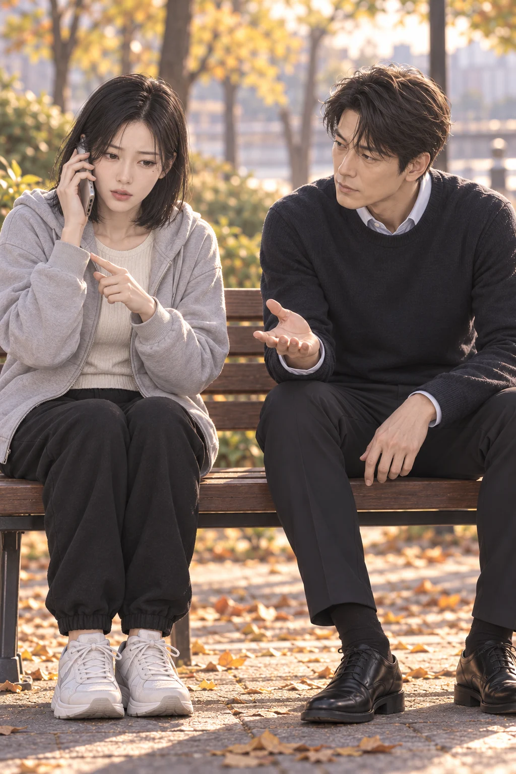삭제 버튼 앞에서 — 수진이 오른손으로 휴대전화를 귀에 대고 왼손으로 삭제 버튼이 있는 화면을 가리켜요. 수호 선생은 수진의 맞은편에 앉아 화면을 가리키는 손을 바라봐요.