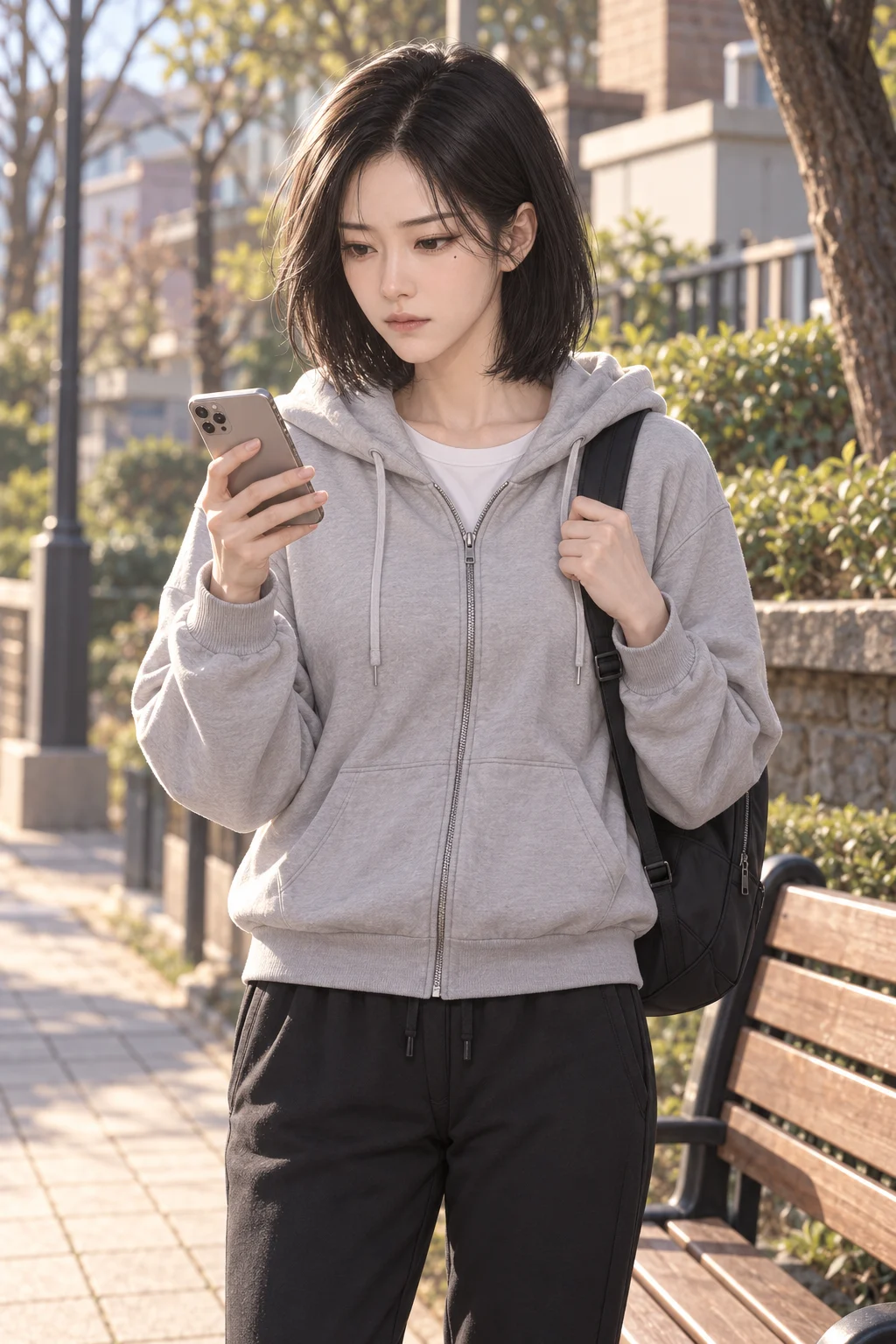 이름이 올라온 공지 — 수진이 벤치 옆에 서서 오른손으로 휴대전화를 들어 새 온라인 모임 공지를 확인해요.