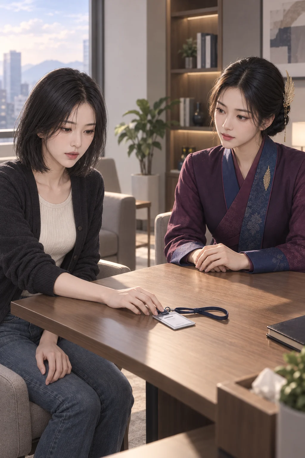 첫 출근 날 — 지안이 목에 걸린 사원증을 풀어 테이블 가운데 밀어 놓고, 새벽 학사가 맞은편에서 그 사원증을 바라봐요.