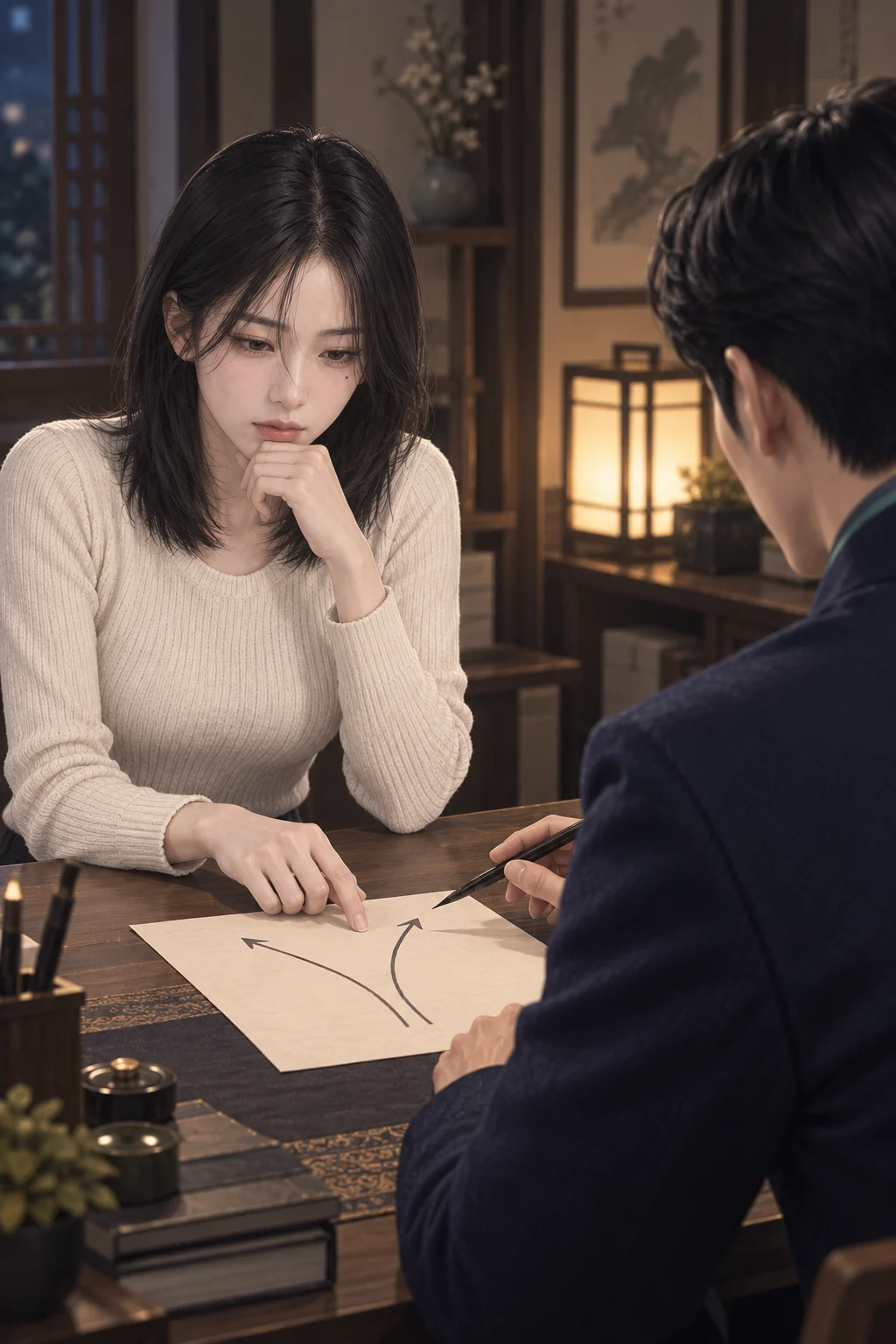 두 갈래로 나누다 — 도원 도사가 서윤 앞에 두 갈래로 나뉜 선을 그리고, 서윤은 그 종이 위에서 손을 멈춰요.