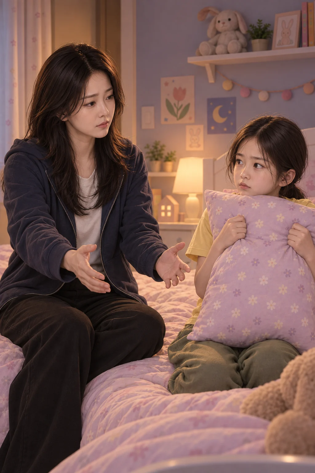 03 — 윤서가 침대 옆에 앉자마자 팔을 벌리고, 하린은 베개를 몸 앞에 세워요.