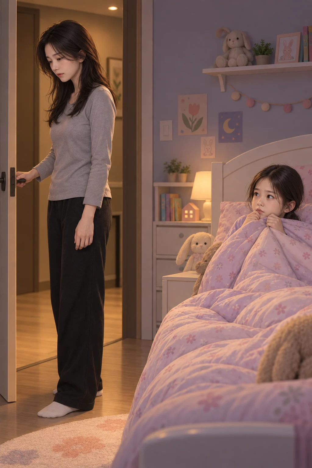 02 — 윤서가 팔을 내리고 문손잡이를 잡자, 하린이 이불 밖으로 얼굴을 내밀어요.