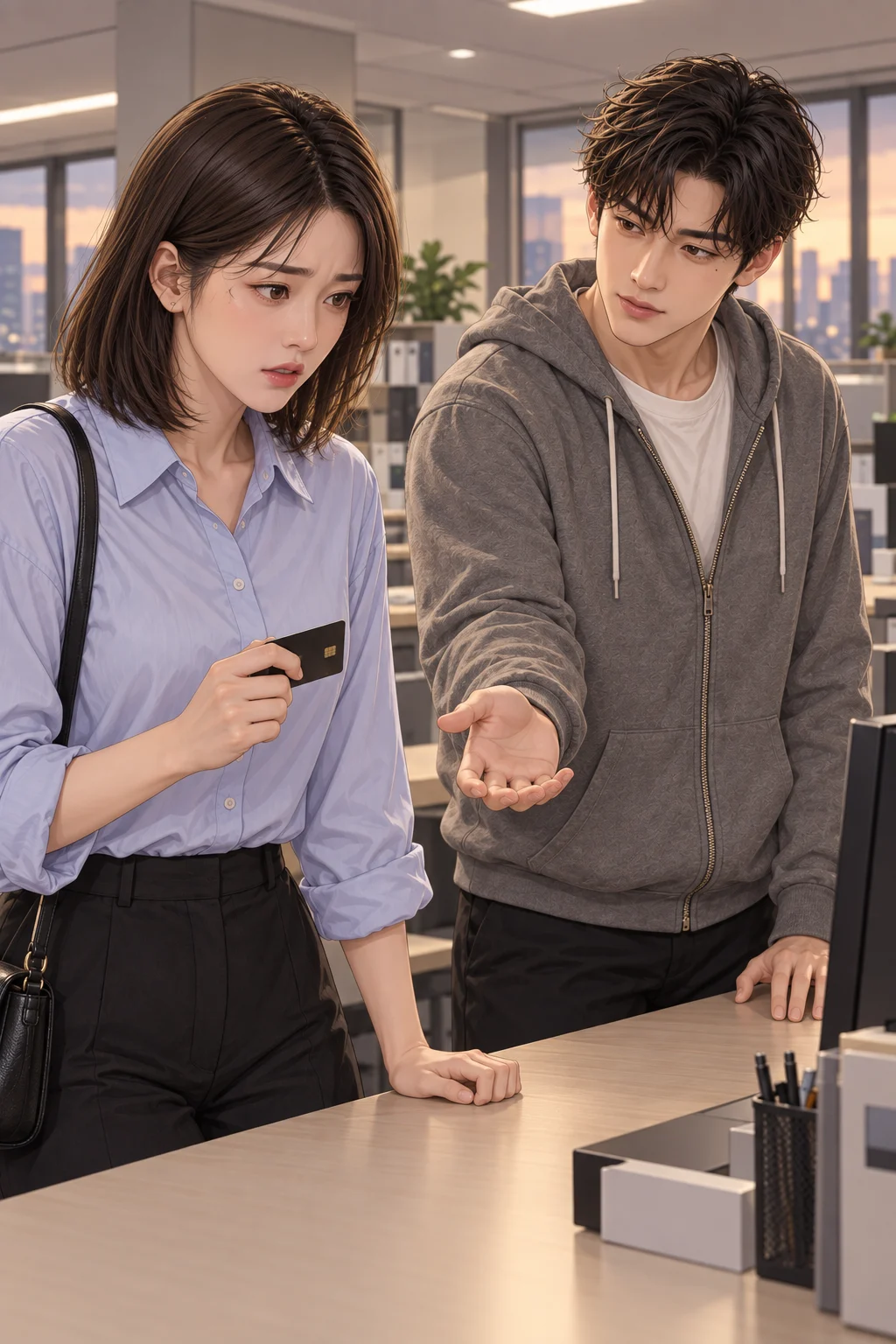 이번엔 이런 말이 나왔어요. — 민재가 서윤의 책상 옆에 서서 카드를 먼저 내밀라는 듯 손바닥을 펴요. 서윤은 손에 카드를 쥔 채 내밀지 않고 입술을 떼었다가 멈춰요.