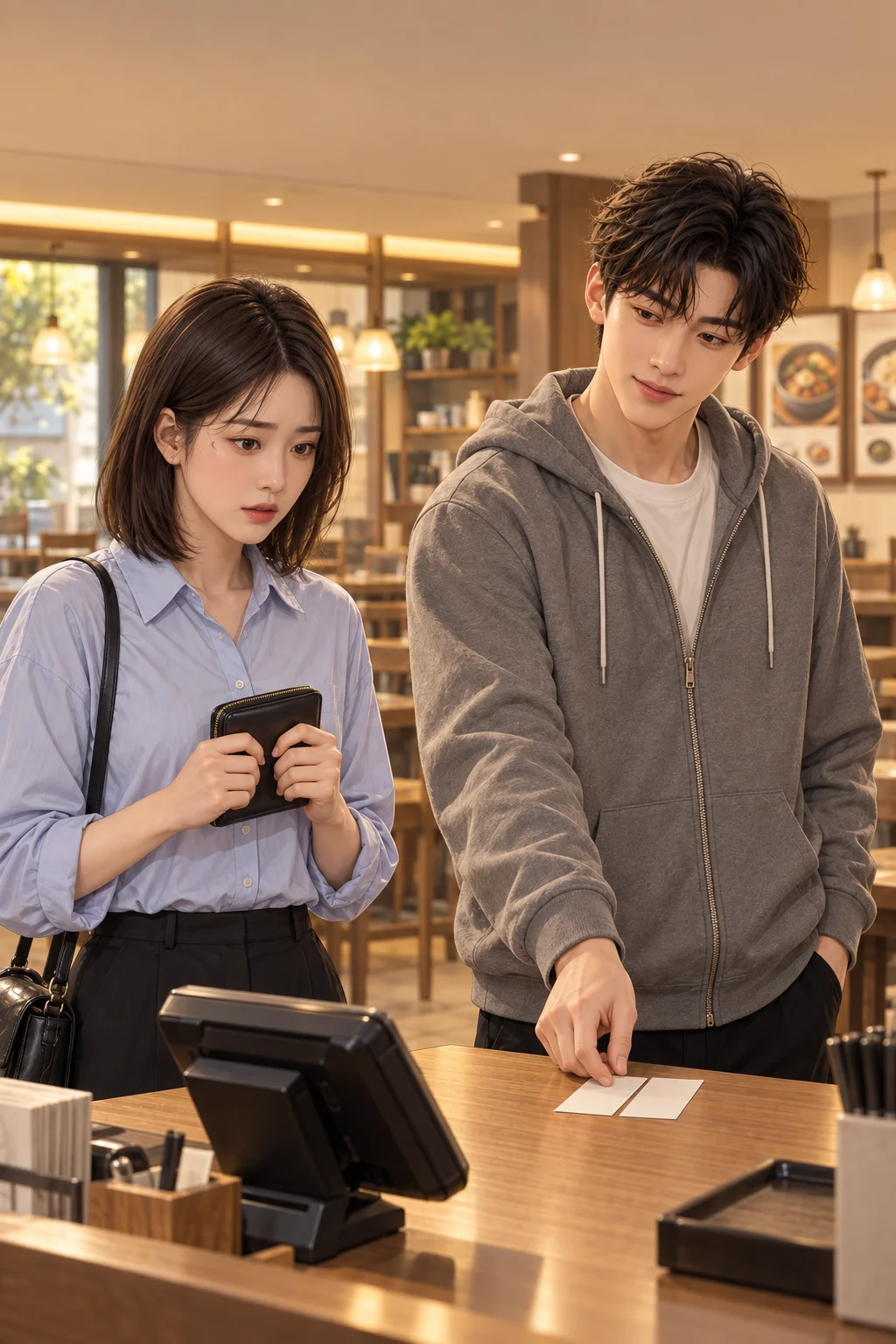 점심에도 같은 부탁 — 민재가 식권 두 장을 계산대에 올려놓고 서윤의 카드 단말기를 바라봐요. 서윤은 카드를 꺼내지 않은 채 지갑을 양손으로 붙잡고 있어요.