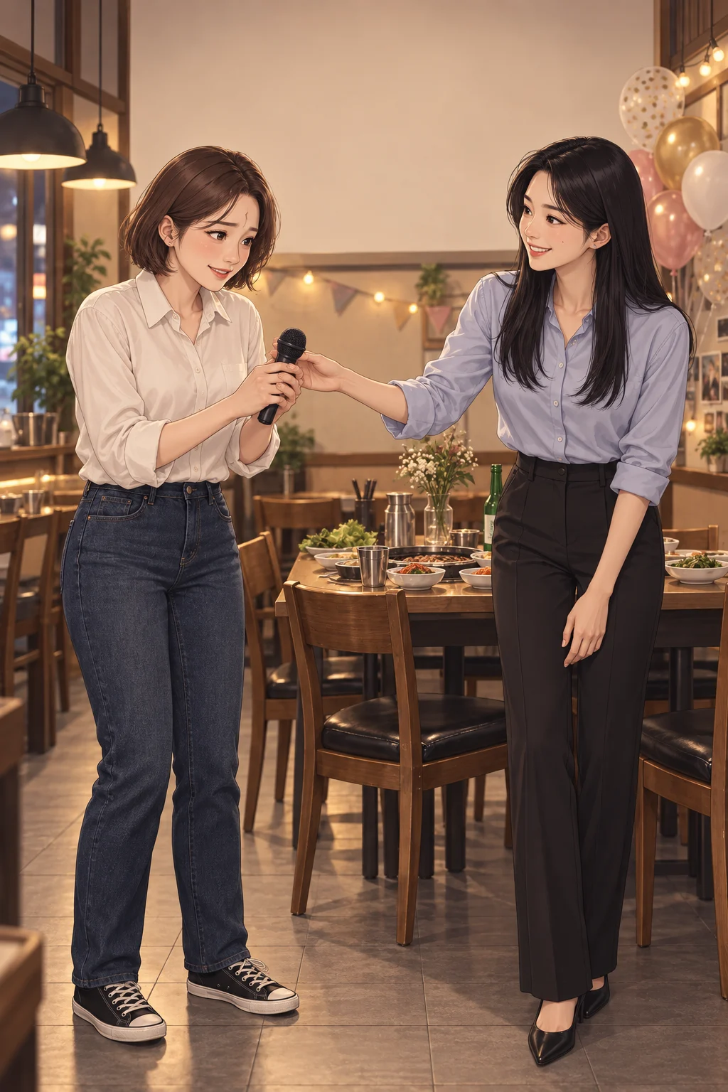 마이크가 먼저 왔어요 — 민지가 식탁 아래에 둔 작은 무선 마이크를 윤서에게 내밀고, 윤서는 두 손으로 받아 들어요.
