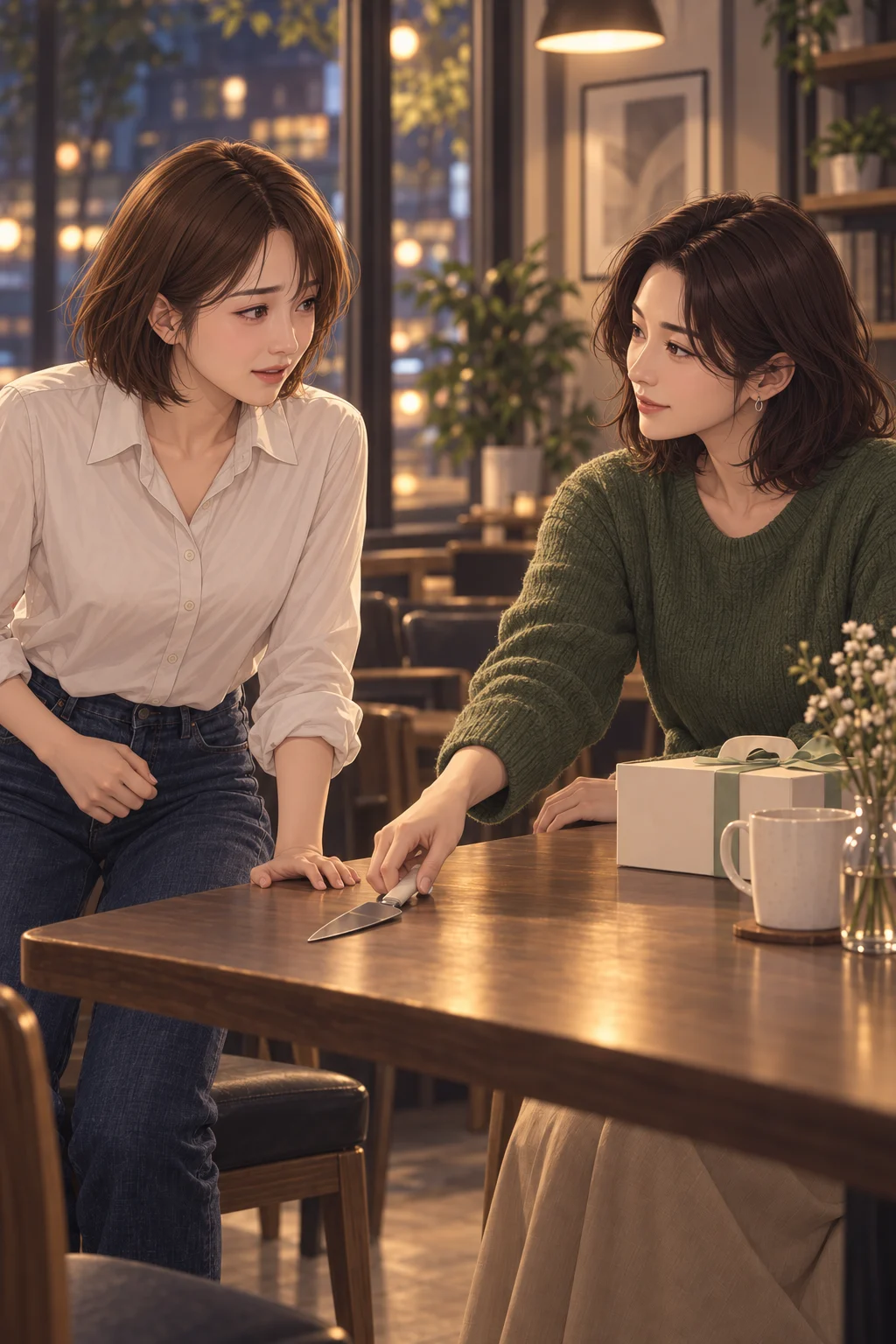 “저는…” 하고 멈췄어요. — 소희가 케이크 칼을 윤서 앞에 내려놓고, 윤서는 의자에서 반쯤 일어나려다 손을 테이블 위에 짚어요.