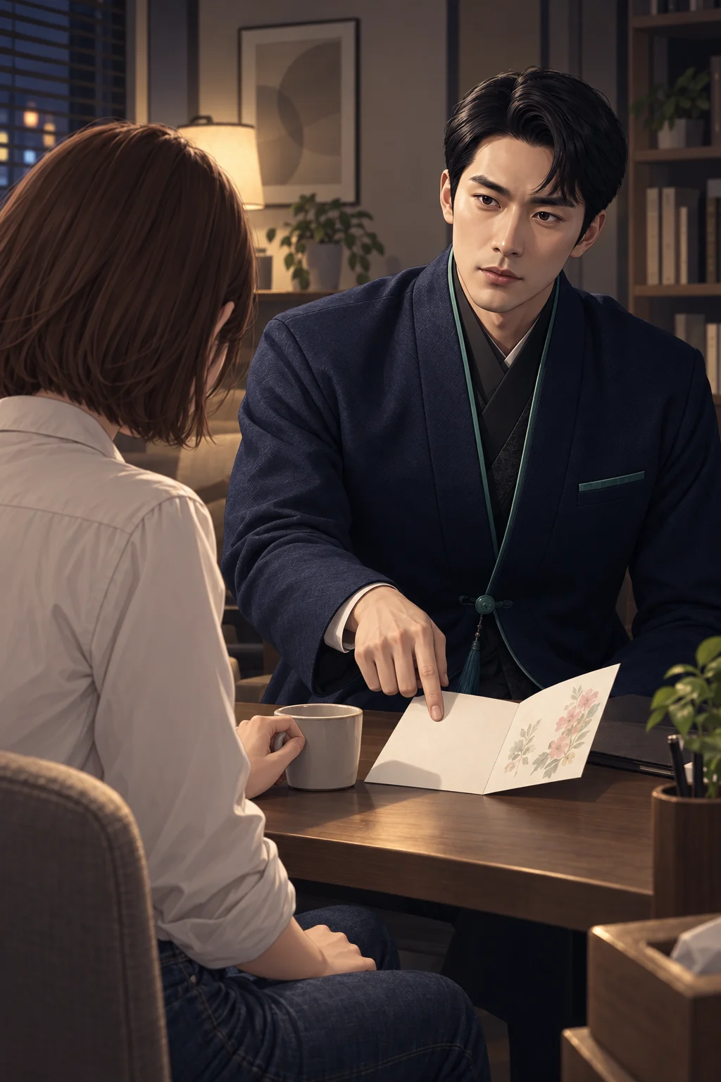돌아와서도 남았어요 — 윤서가 식탁에서 받은 축하 카드를 책상 위에 펼쳐 놓고, 도원 도사가 맞은편에서 그 카드를 가리키며 묻어요.