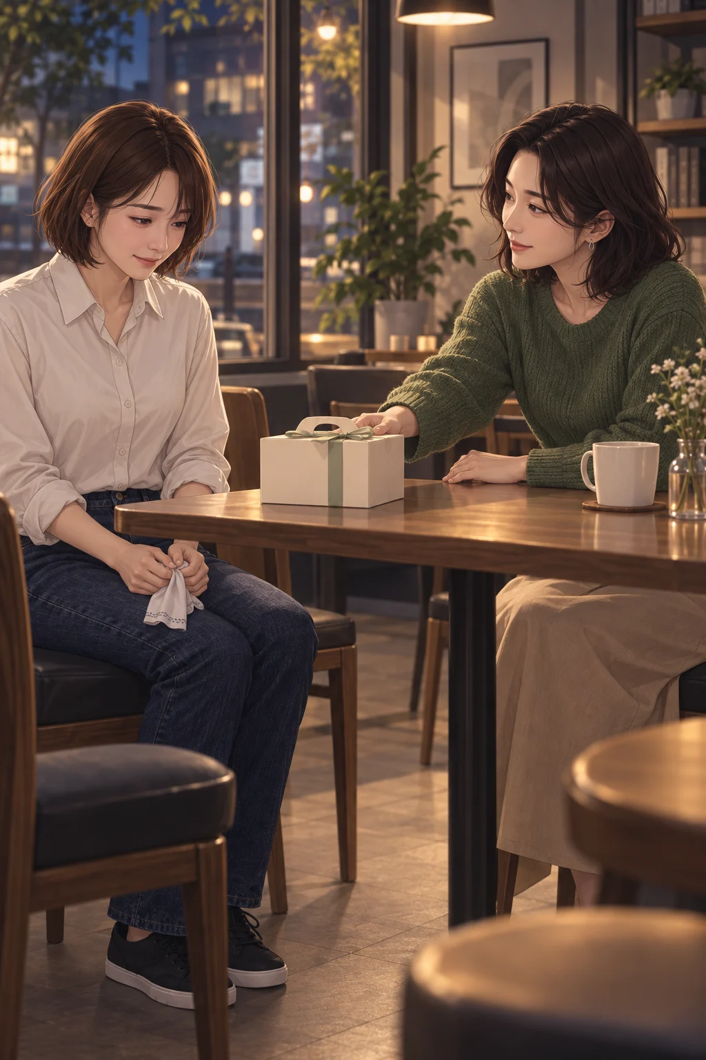 이번에도 부탁받았어요 — 소희가 케이크 상자를 윤서 쪽으로 밀어 놓고, 윤서는 손수건을 접은 채 상자를 바라봐요.