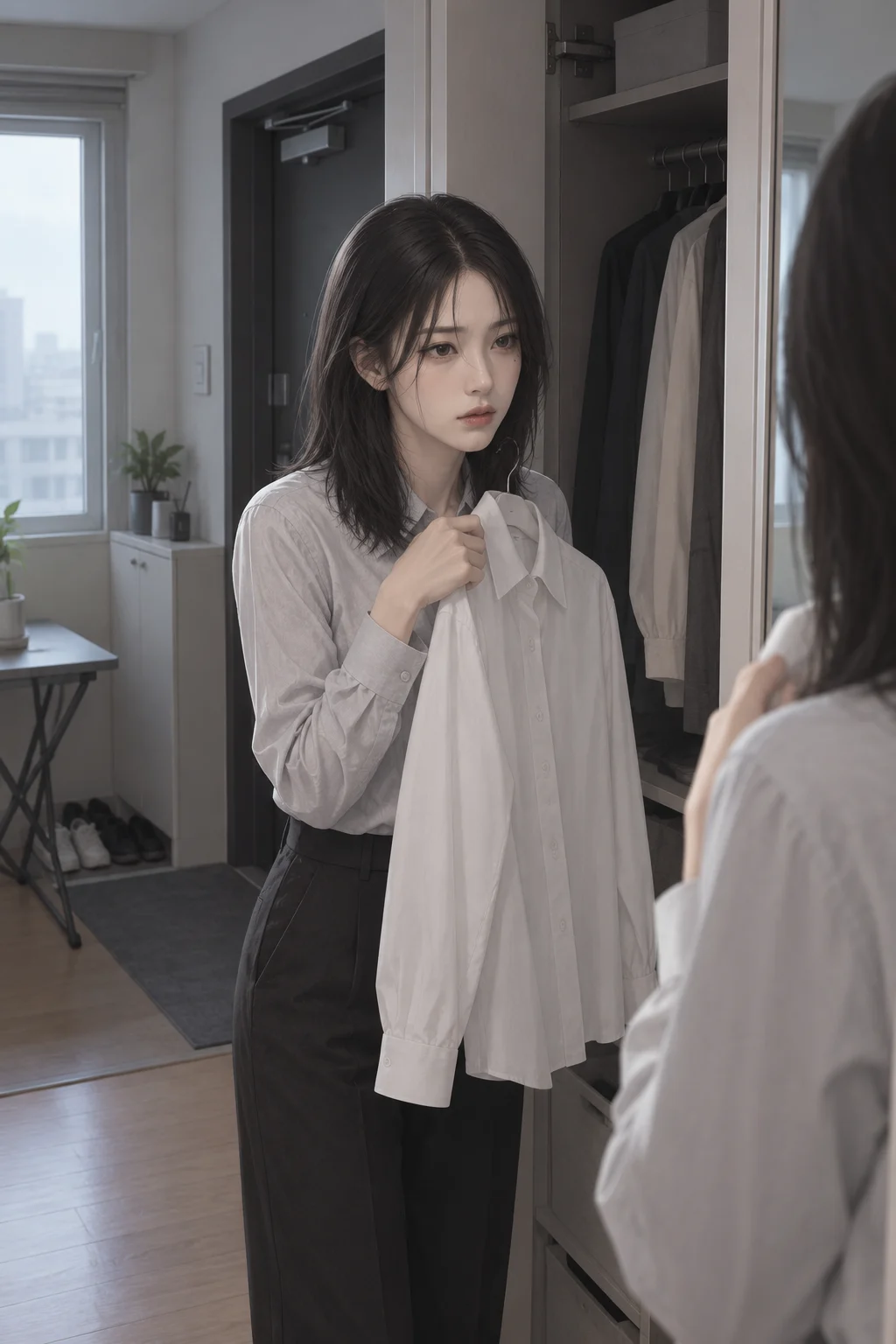 아침마다 — 지윤이 옷장에서 셔츠를 꺼내 몸 앞에 대고 거울을 바라본다.
