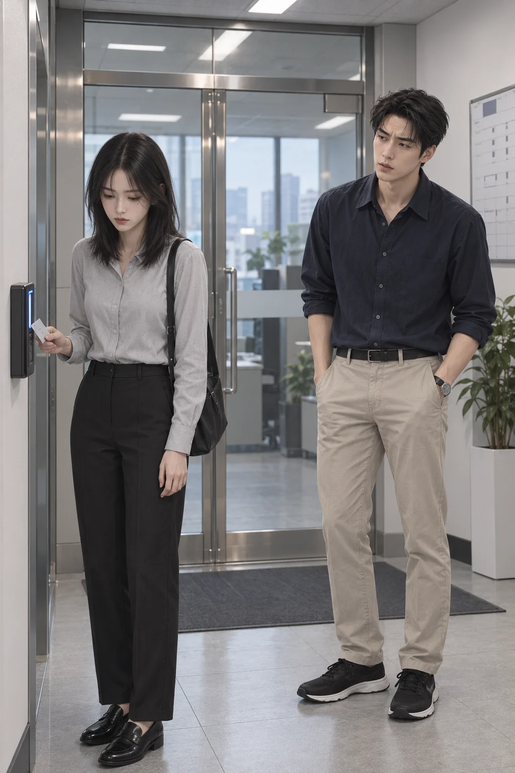 또 늦었네 — 민재가 출입문 앞에서 지윤에게 오늘도 늦었다고 말한다.