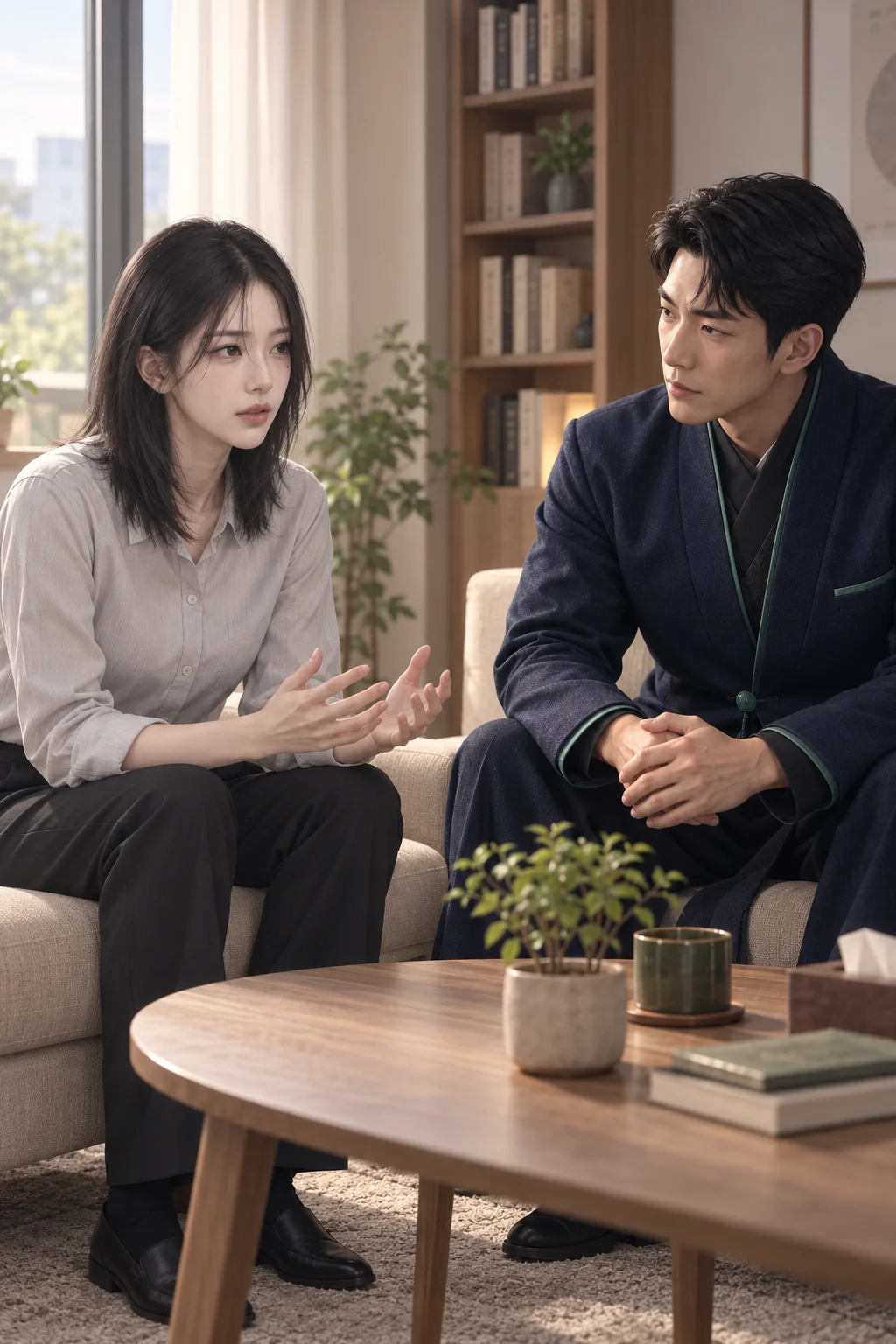 말을 나누다 — 지윤이 출근 준비가 늦어지는 이야기를 하고, 도원 도사가 듣는다.