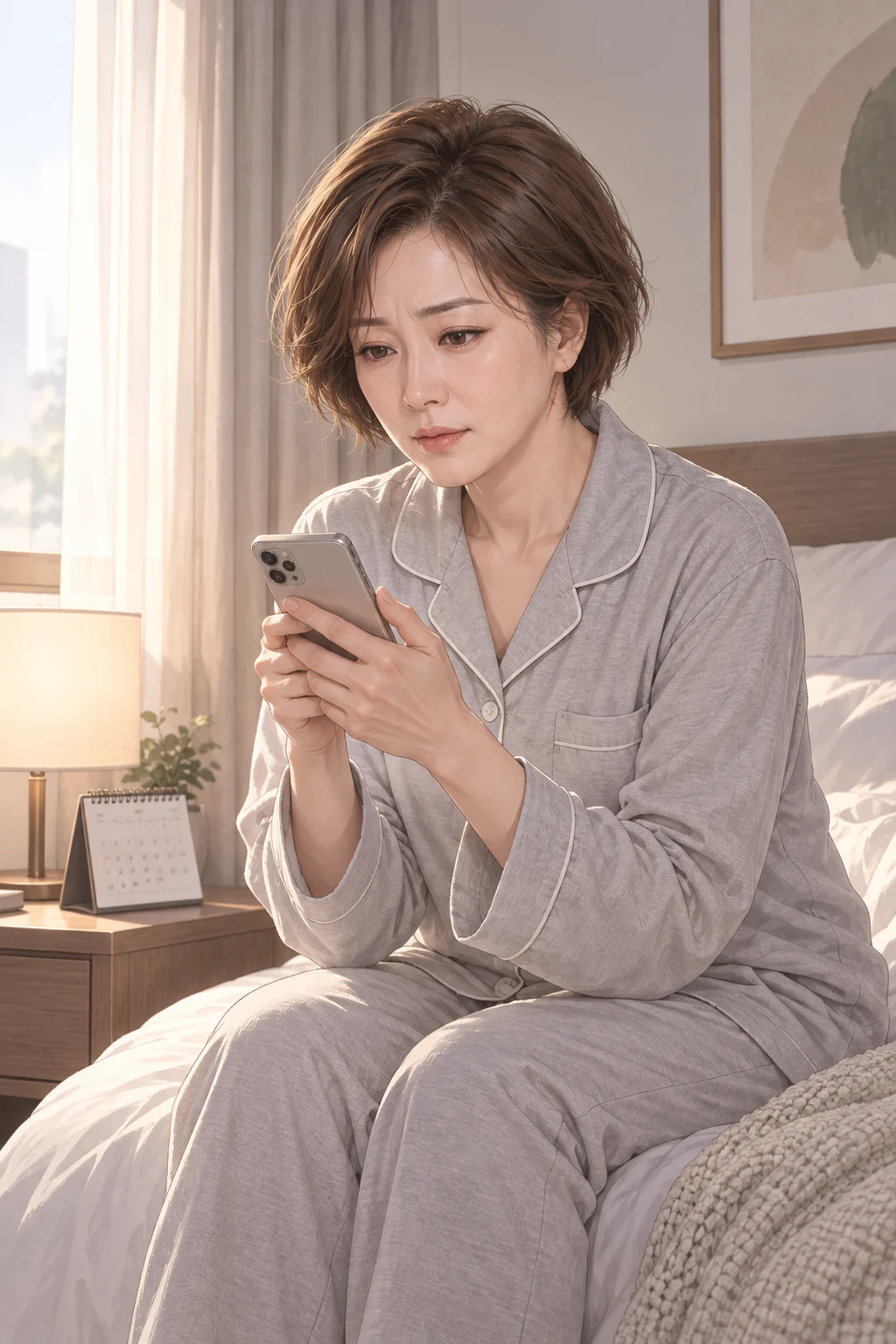 정한 날짜를 다시 보다 — 수진이 침대 가장자리에 앉아 휴대전화의 만세력 화면을 확인해요.