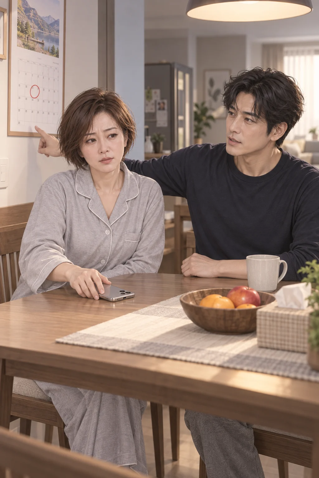 달력에 그은 동그라미 — 남편이 벽 달력의 날짜를 가리키며 그대로 보내자고 말하고, 수진은 휴대전화를 식탁에 내려놔요.