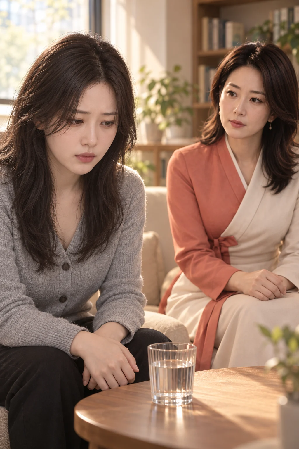 말끝의 멈춤 — 수민이 말을 잇지 못하고 탁자 위 물컵을 바라본다.