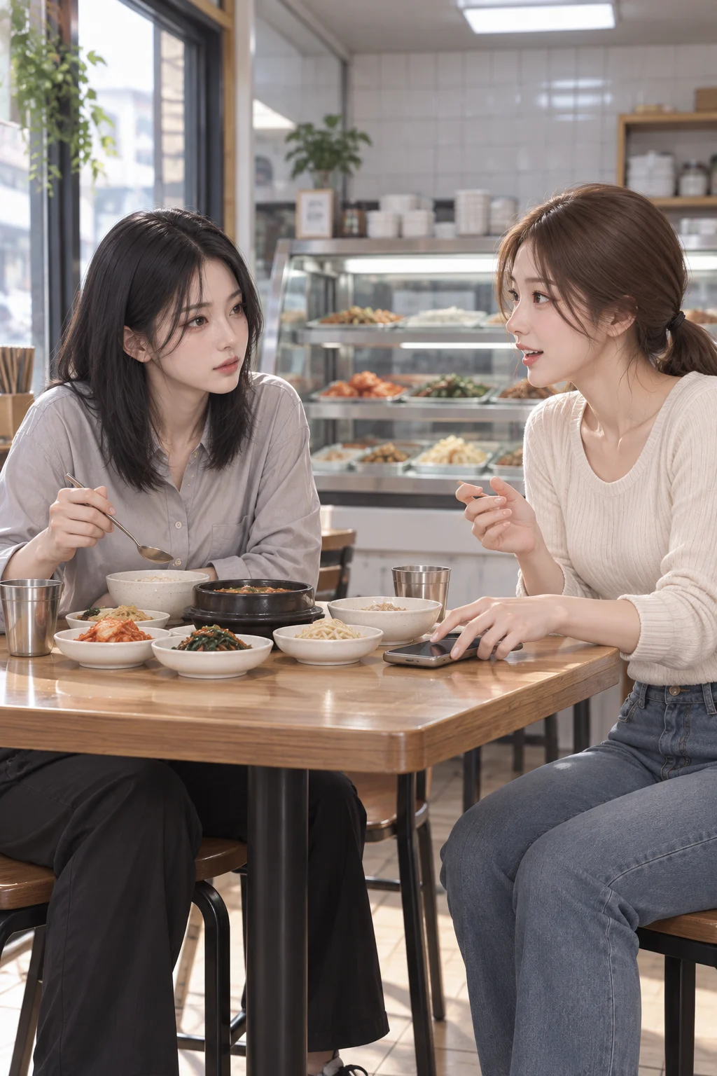 새집을 계약했어 — 수민이 휴대전화를 탁자 위에 내려놓고 새집 계약 소식을 말합니다. 지우는 밥그릇 옆에서 숟가락을 든 채 수민을 바라봅니다.