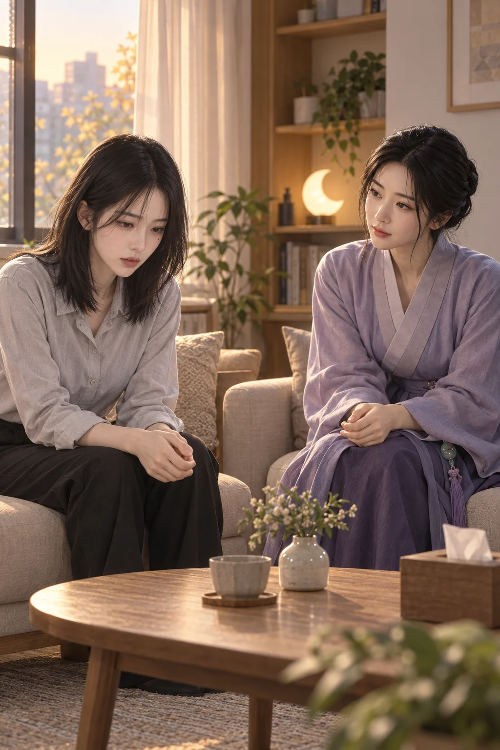 그 말 뒤에 있던 것 — 지우가 상담실 소파에 앉아 말을 꺼내려다 입술을 다뭅니다. 달빛 선녀는 맞은편 소파에 앉아 지우를 바라봅니다.