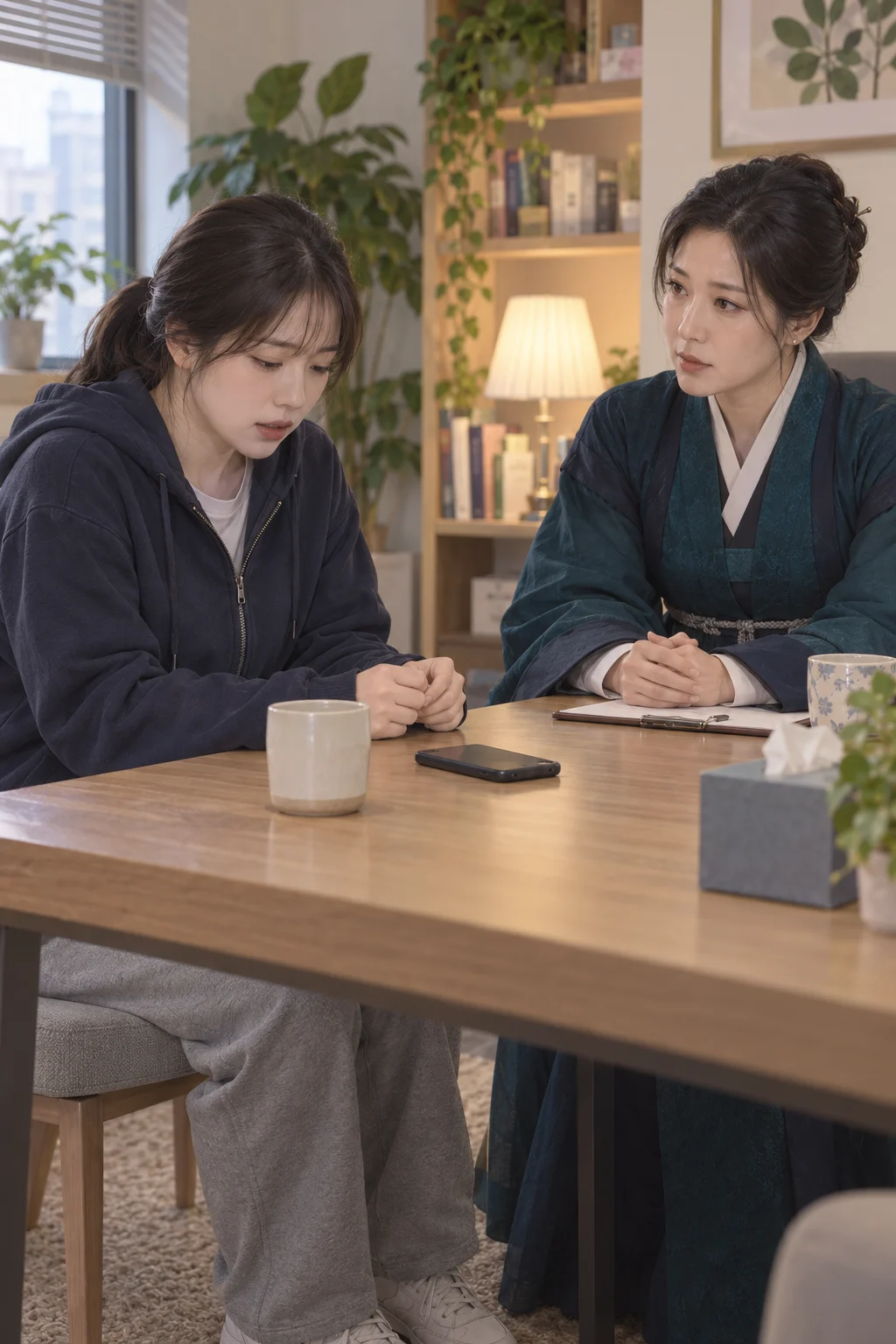 04 · 말끝에서 멈춤 — 민지가 시선을 테이블로 내리고, 수호 선생은 기다린다.