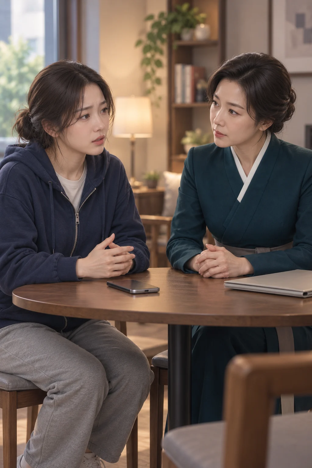 03 · 아직 안 올린 말 — 민지가 휴대전화를 테이블에 뒤집어 놓고 수호 선생에게 아직 나누지 않은 가족 이야기가 있다고 말한다.