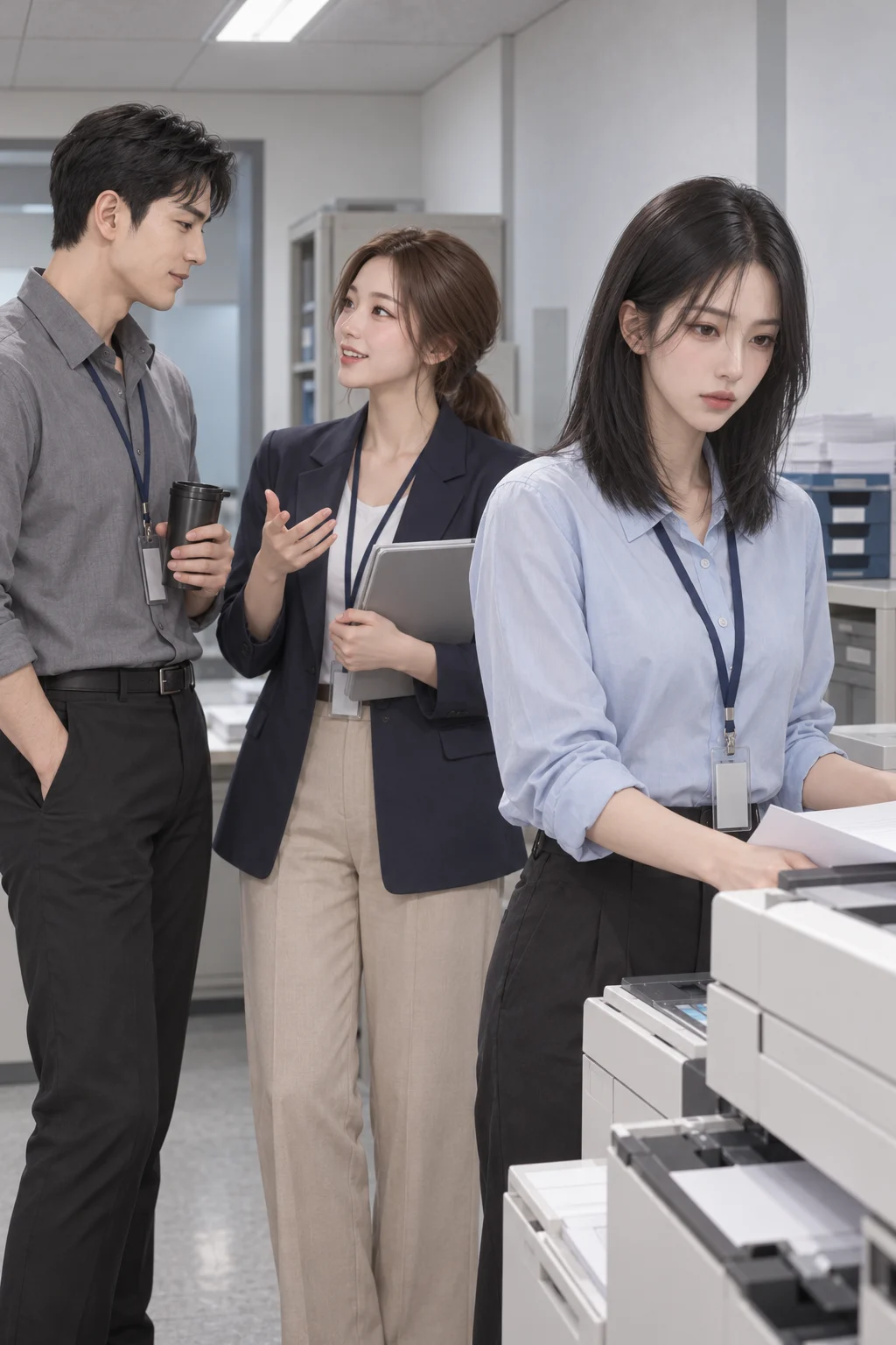 The plans were already made — Jisoo stands by the copier as Mingyeong tells Hyeonu about lunch plans.