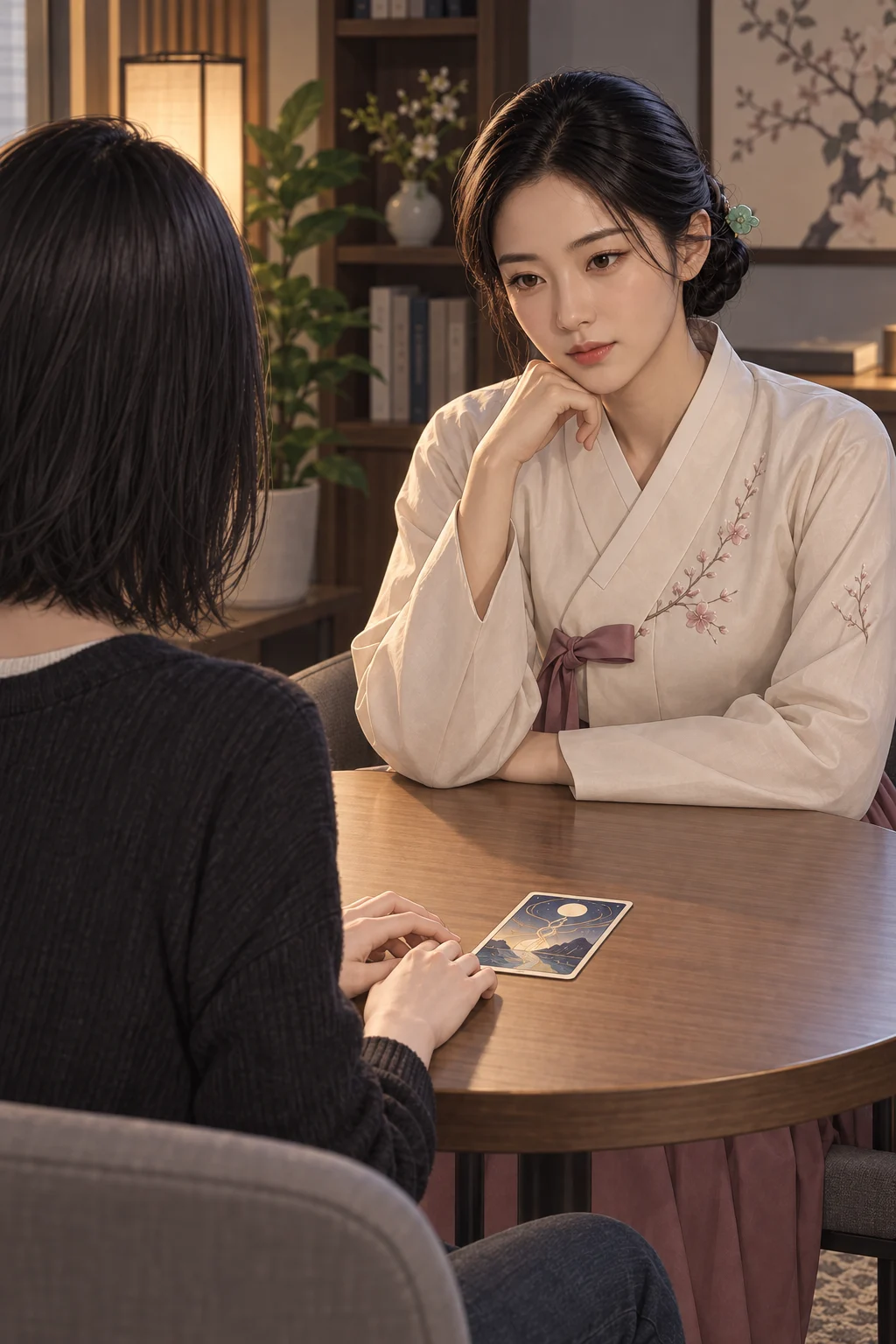 카드보다 먼저 — 유진이 타로 카드 한 장을 테이블 위에 펼치고, 연화 신녀는 카드 대신 유진의 손끝을 바라봐요.