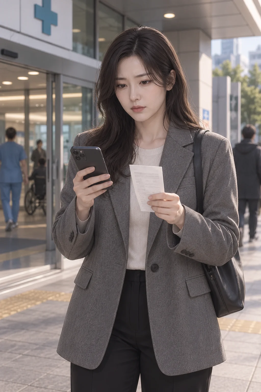 진료 뒤 — 서윤이 병원 출입구 앞에서 진료 영수증과 휴대전화를 번갈아 내려다본다.