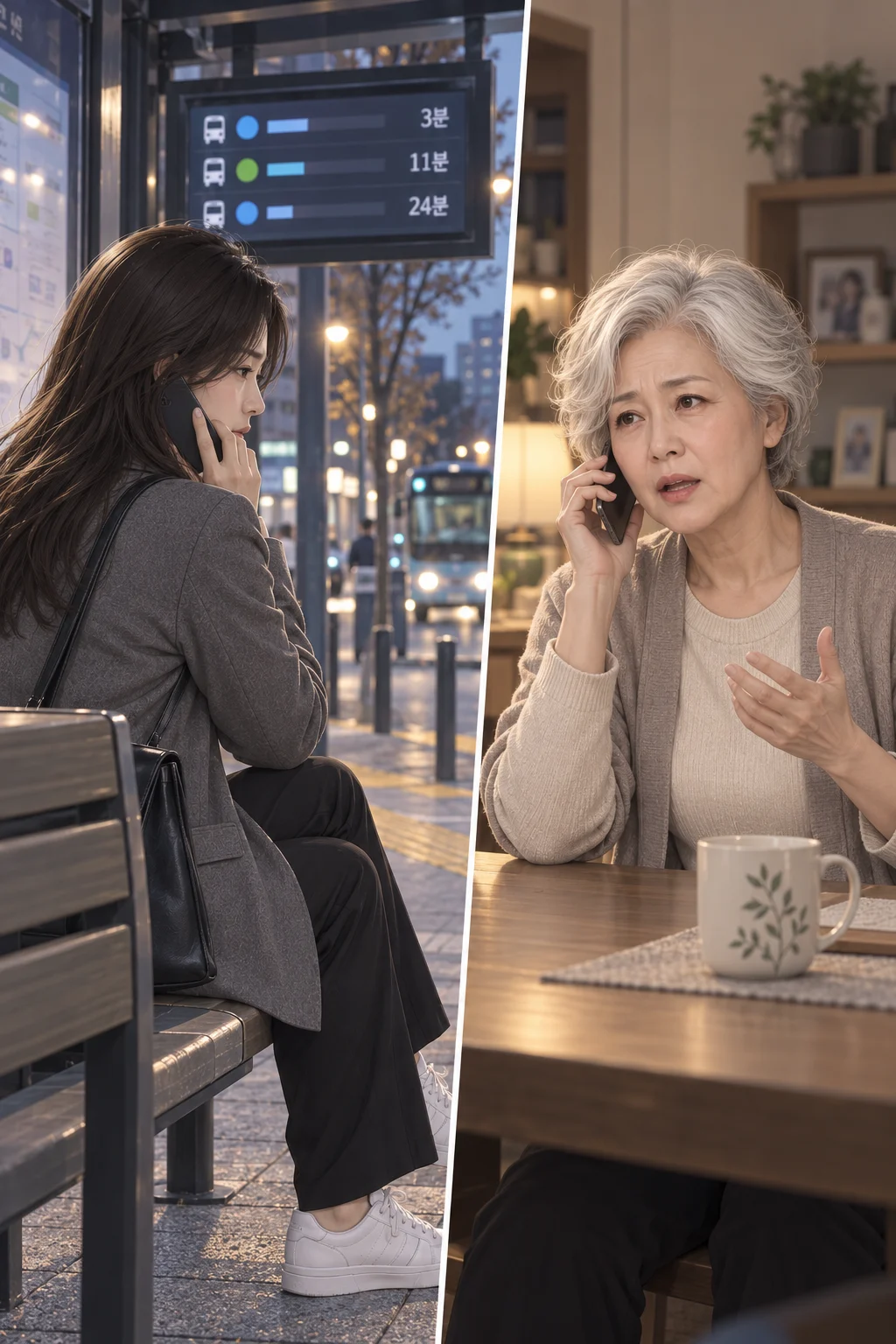엄마의 전화 — 서윤이 버스정류장 의자에 앉아 어머니와 통화한다.