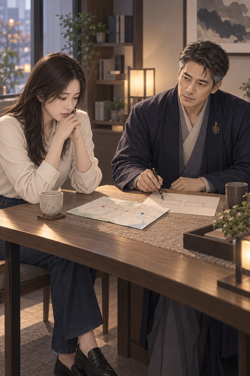 겹친 지도 — 서윤이 접힌 지도를 탁자 위에 올려놓고, 해월 도사가 지도 옆에 빈칸 두 개를 그려 놓아요.