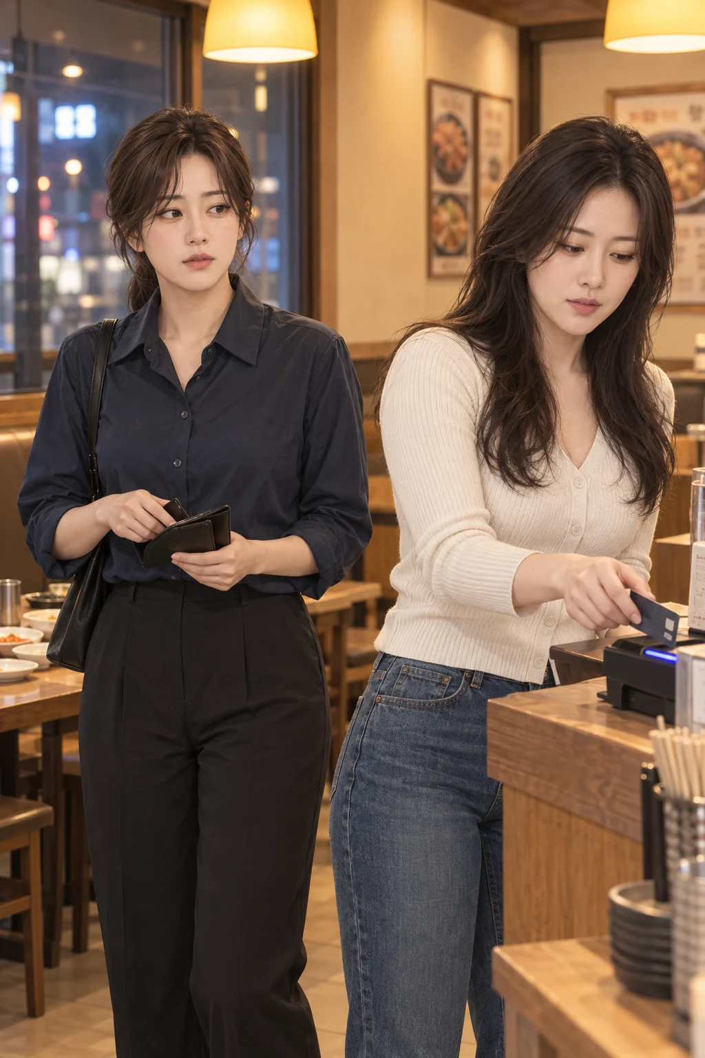 묻지 않은 계산 — 민아가 지수에게 묻지 않고 카드로 두 사람의 저녁값을 계산한다.