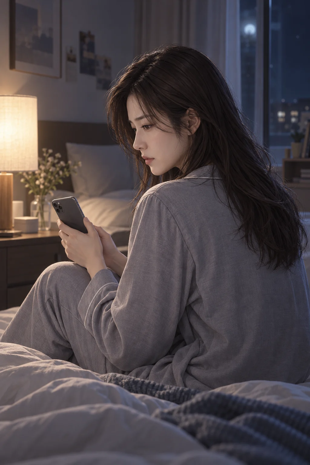 불이 다시 켜졌어요 — 지안이 침대에 앉아 휴대전화를 내려다봐요.