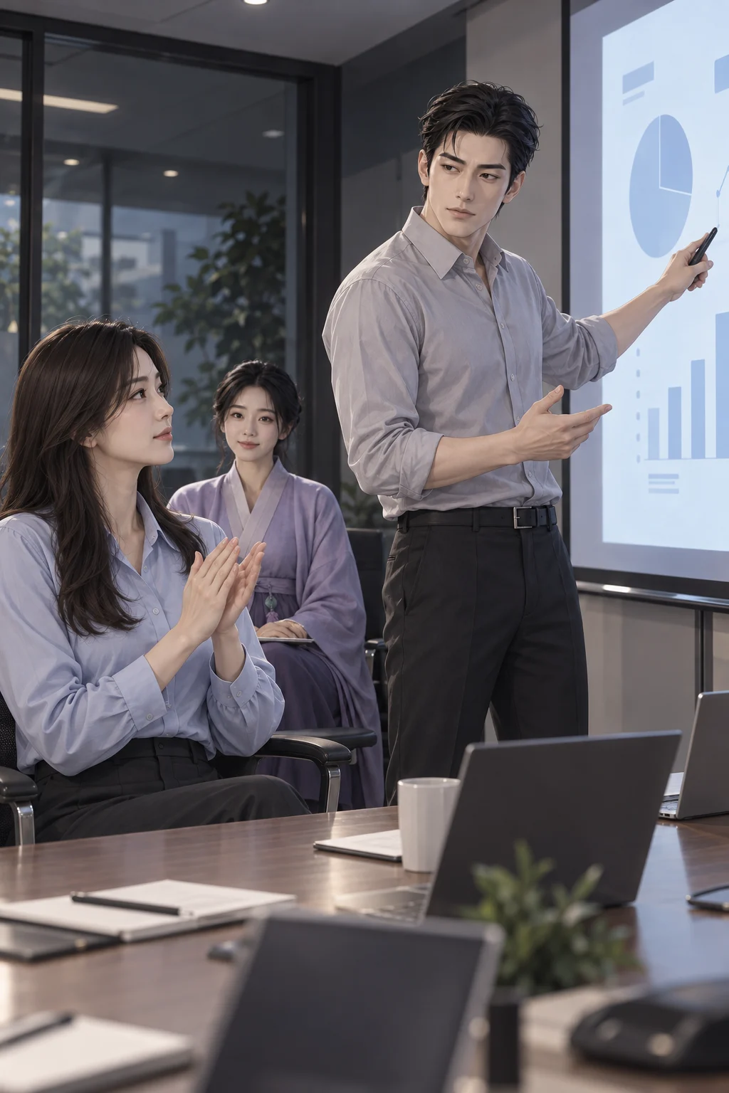 축하가 먼저 나왔어요 — 민호가 회의실 앞에서 발표 자료를 가리키며 혼자 준비한 일처럼 설명하고, 지안은 자리에 앉아 그를 바라봐요. 달빛 선녀는 뒤쪽 의자에 앉아 두 사람을 지켜봐요.