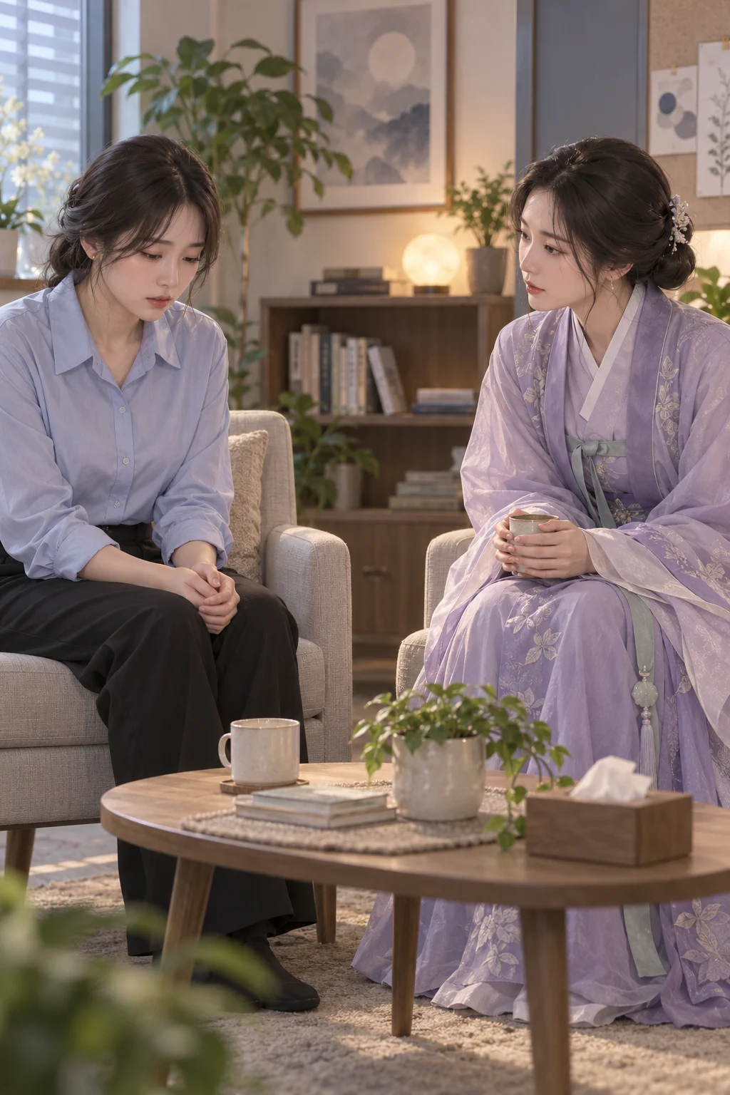 삼킨 말이 남았어요 — 지안이 상담실 의자에 앉아 낮은 목소리로 말하고, 달빛 선녀는 맞은편 의자에서 들어요.
