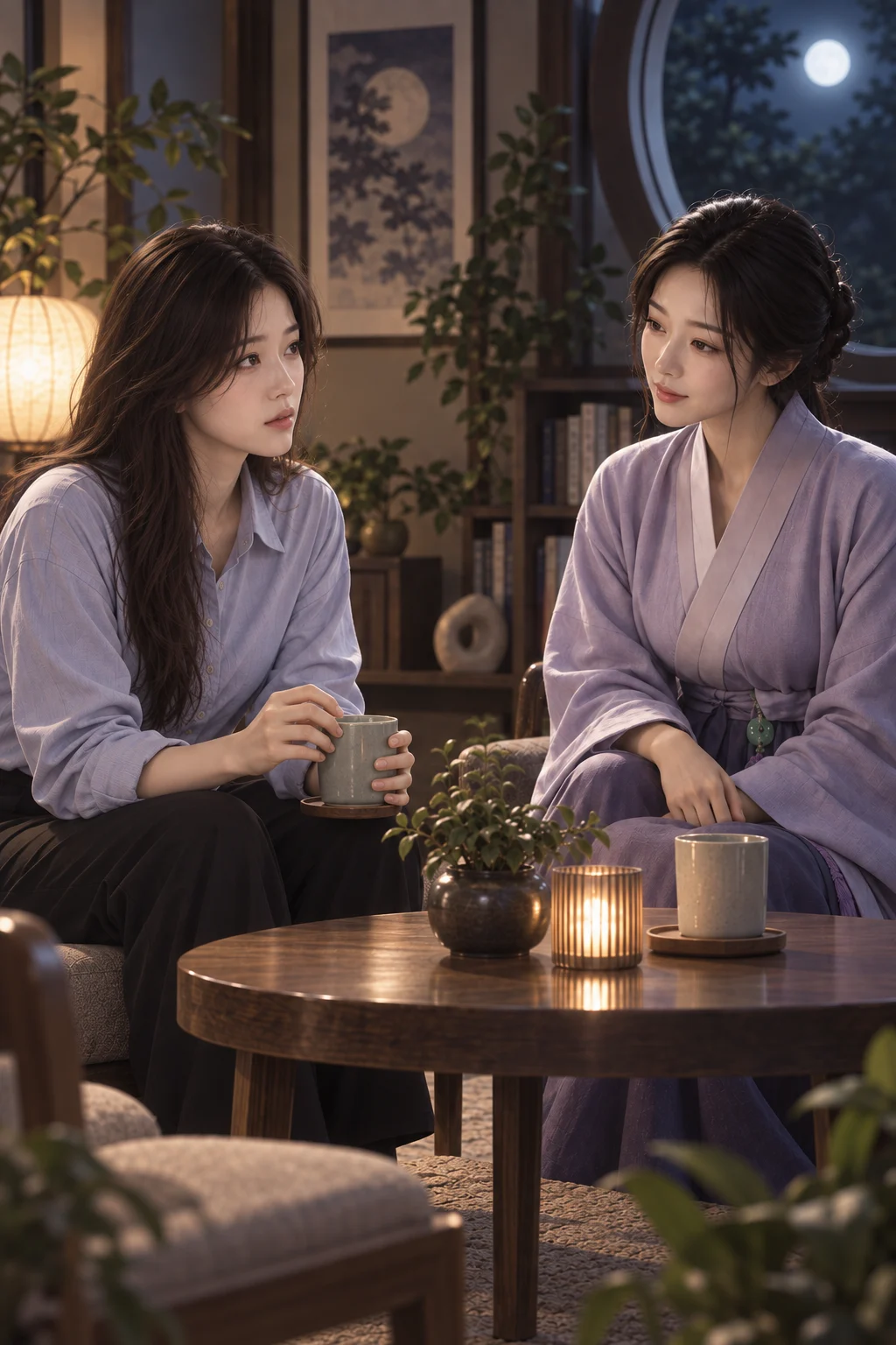 04 — 민서가 컵에서 오른손을 떼려다 다시 컵 가장자리를 붙잡고, 달빛 선녀를 올려다봐요.