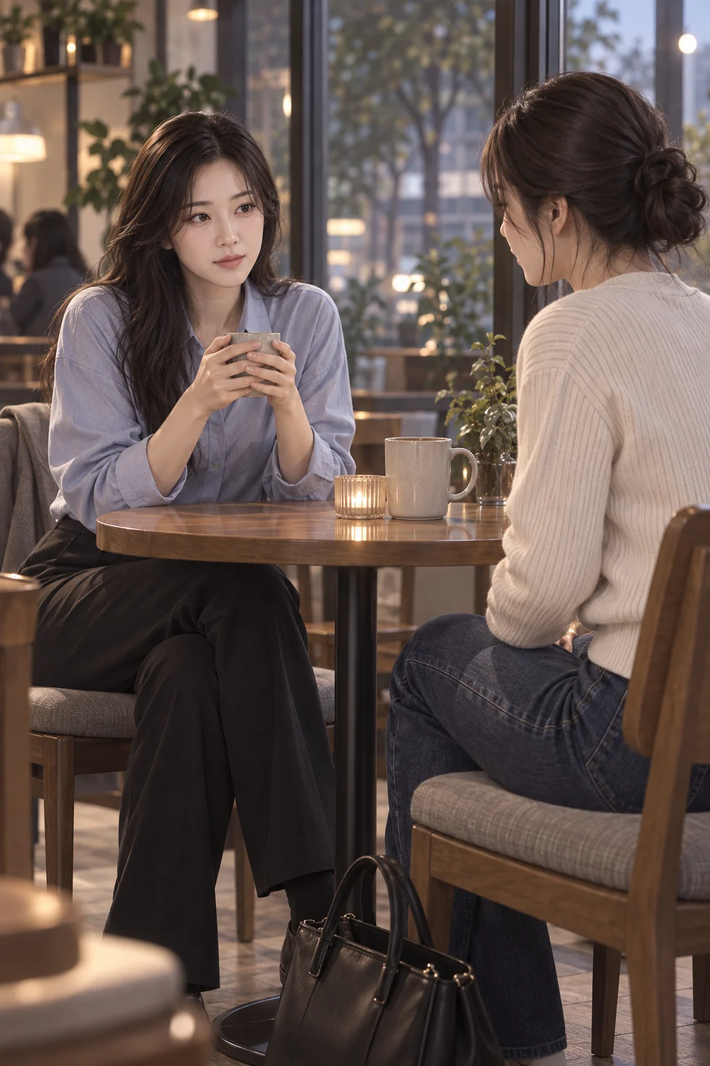 02 — 수아가 민서 맞은편 의자에 앉으며 가방을 바닥에 내려놓고, 민서는 두 손으로 컵을 감싸 쥔 채 수아를 바라봐요.