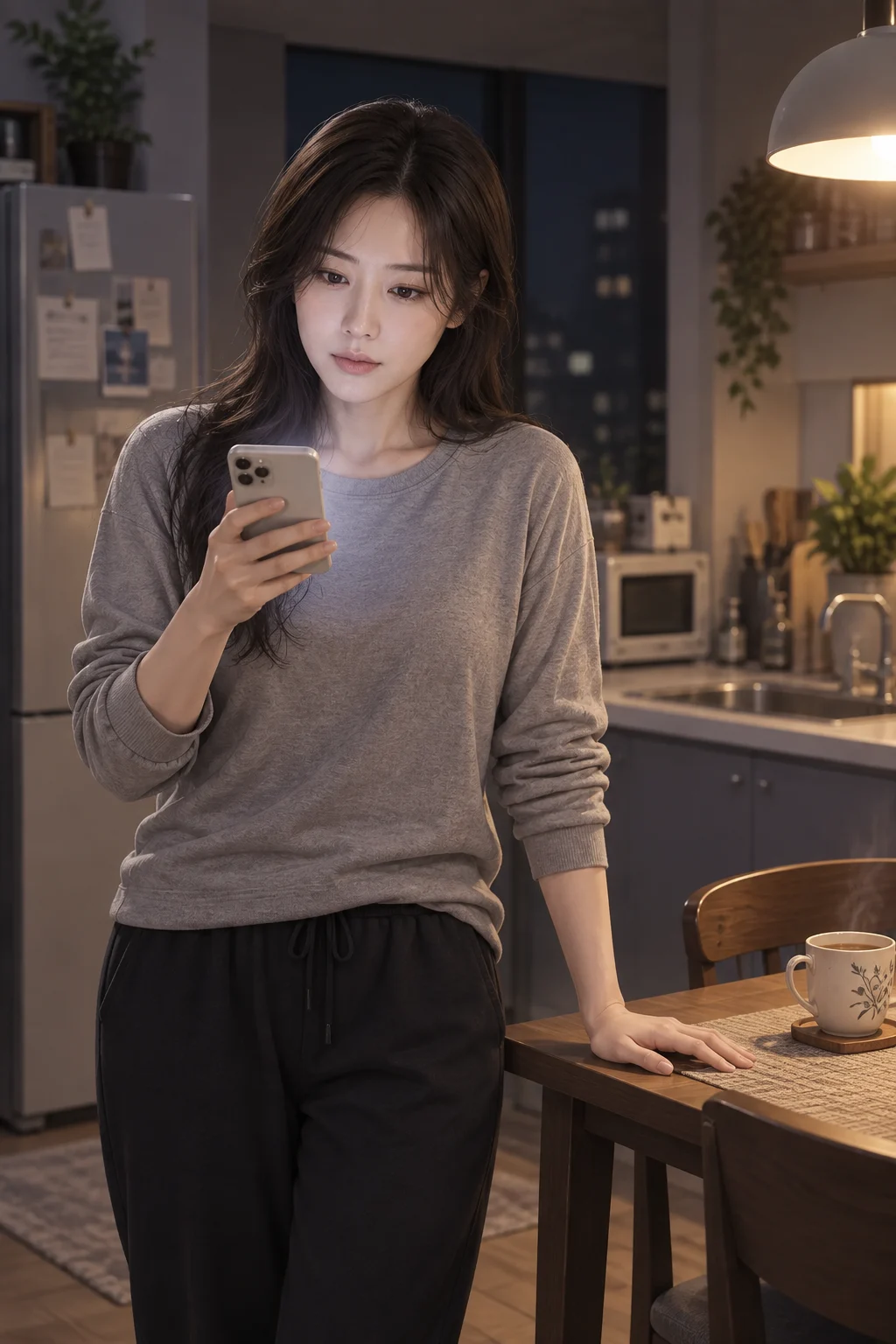 01 — 민서가 식탁 옆에 서서 진동한 휴대전화를 오른손으로 집어 들고 화면을 내려다봐요.