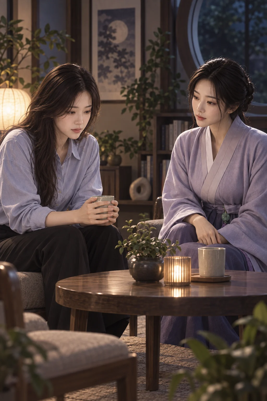 03 — 민서가 낮은 탁자 위의 물컵을 양손으로 감싸고, 달빛 선녀는 맞은편에서 그 손을 잠시 바라봐요.