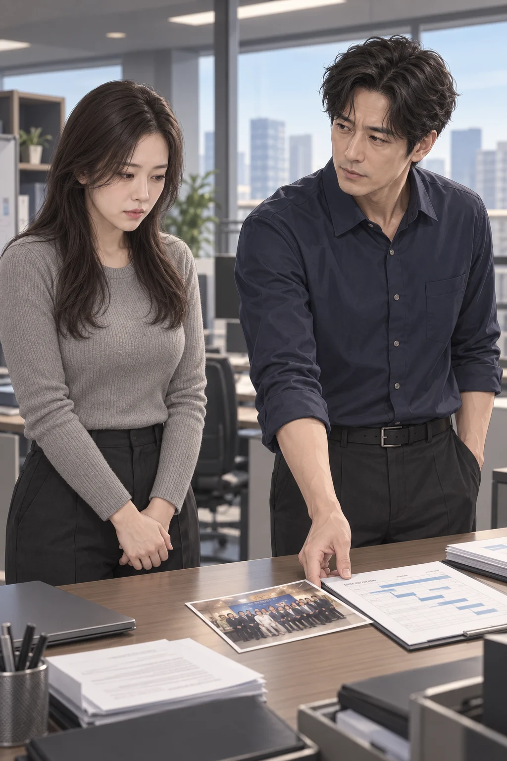 예전 사진 — 팀장이 책상 위에 오래된 단체 사진을 새 발표 일정표 옆에 밀어 놓고, 서진을 바라보며 발표 담당을 정해요.